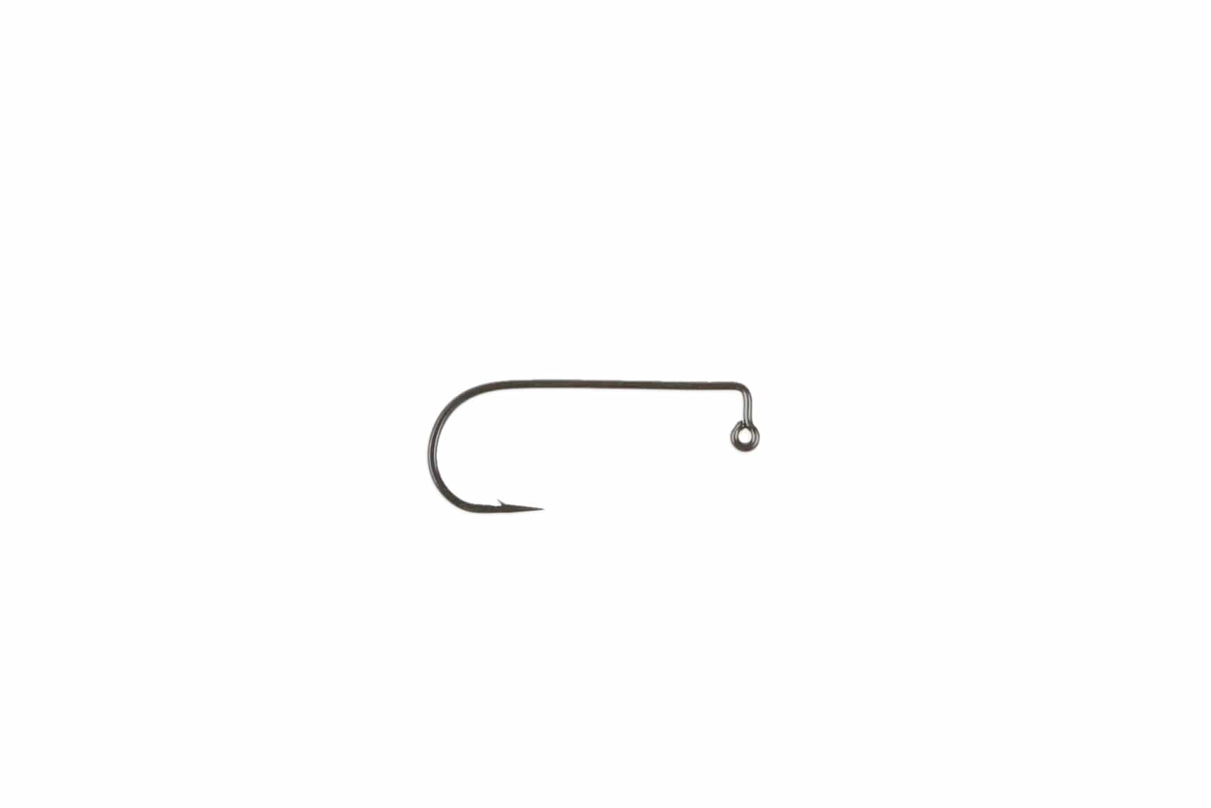Ahrex PR374 90-degree black nickel jig hook with straight shank, small loop eye and barbed curved point for fly tying