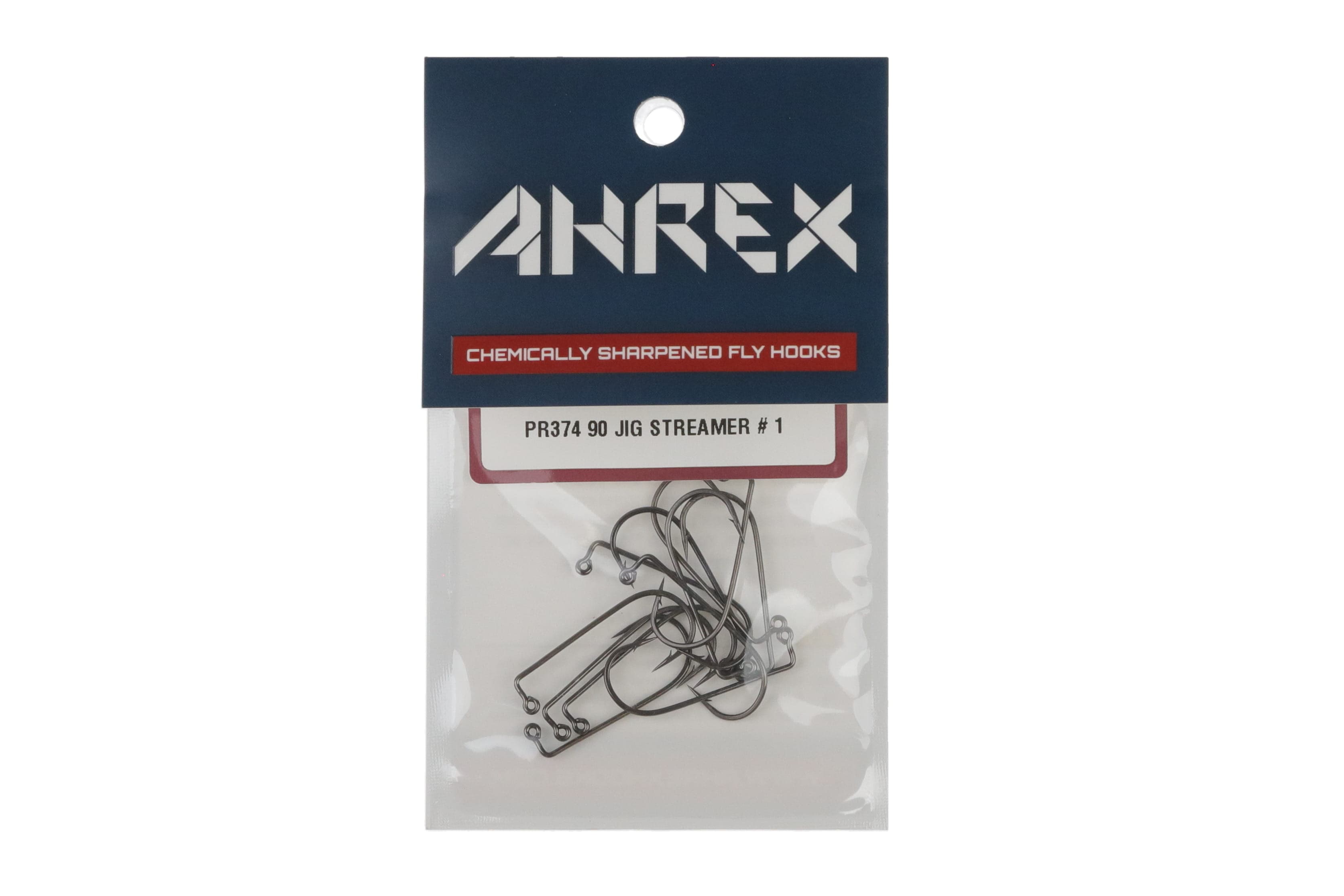 Ahrex PR374 90 degree gunmetal jig hooks in clear pack, chemically sharpened fly tying hooks with looped eyes