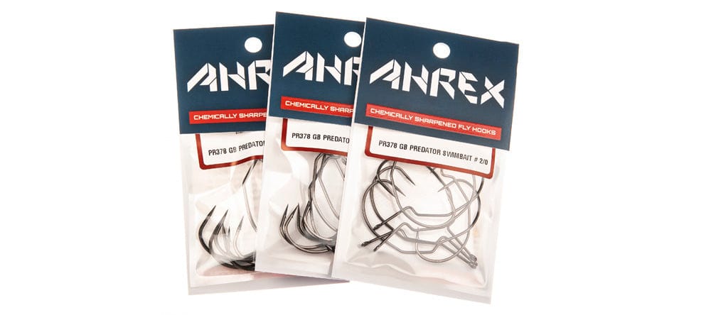 Three Ahrex PR378 GB swimbait hooks in clear pouches with navy header cards, black curved chemically sharpened hooks