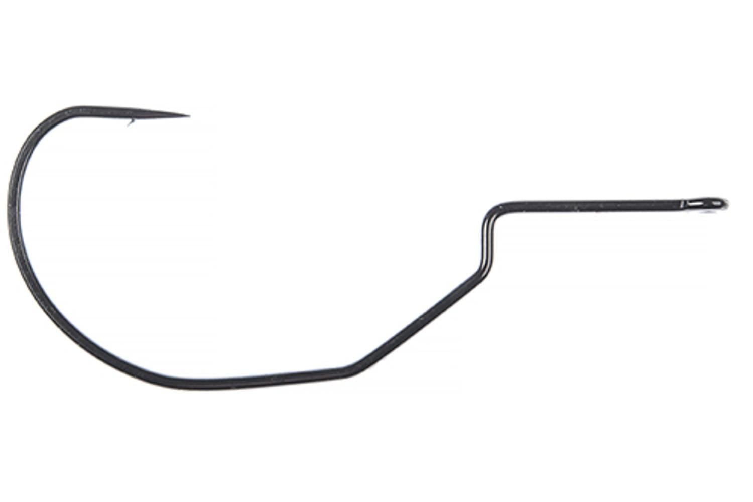Ahrex black swimbait hook with wide gape, bent offset shank and straight eye for fly tying