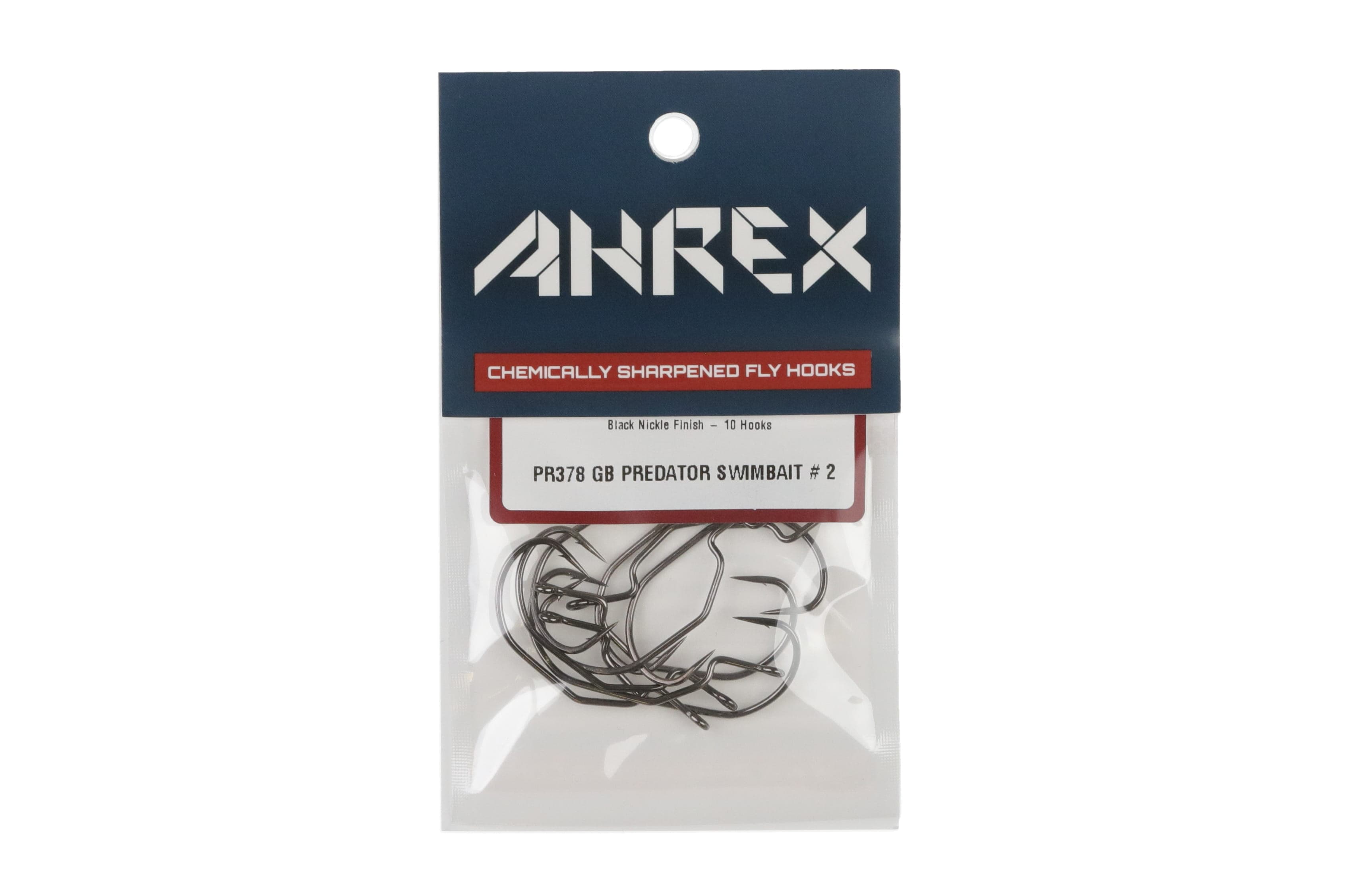 Ahrex PR378 GB black nickel curved swimbait hooks in clear pack with navy header, chemically sharpened fly tying hooks