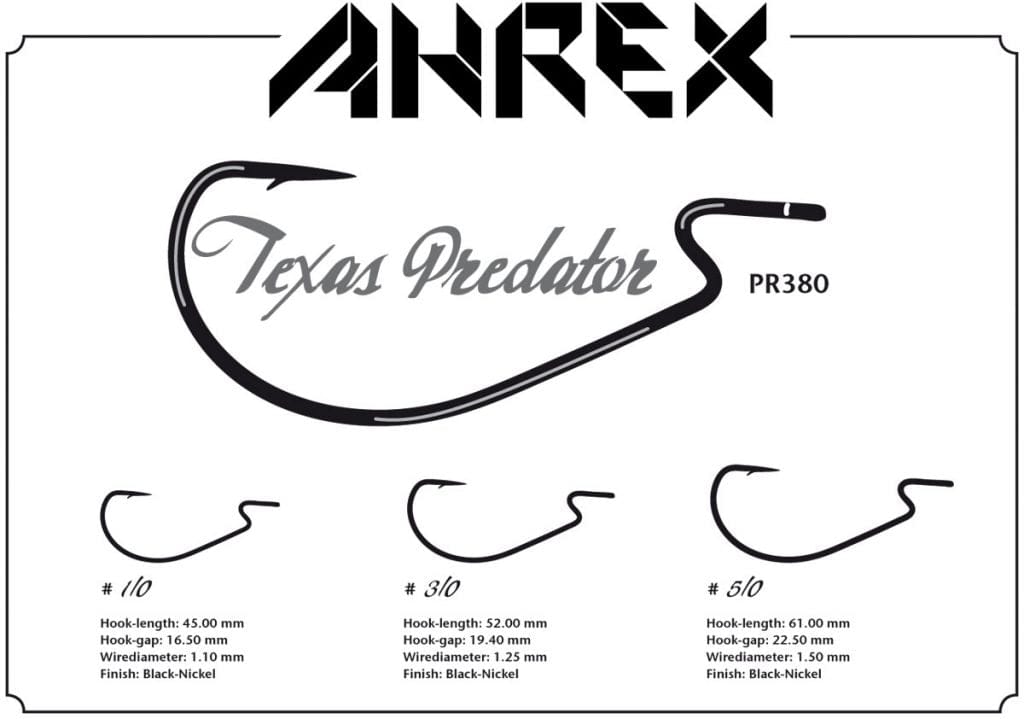 Ahrex PR380 Texas Predator black-nickel wide-gap, offset fly-tying hooks illustrated with curved shank and sizes