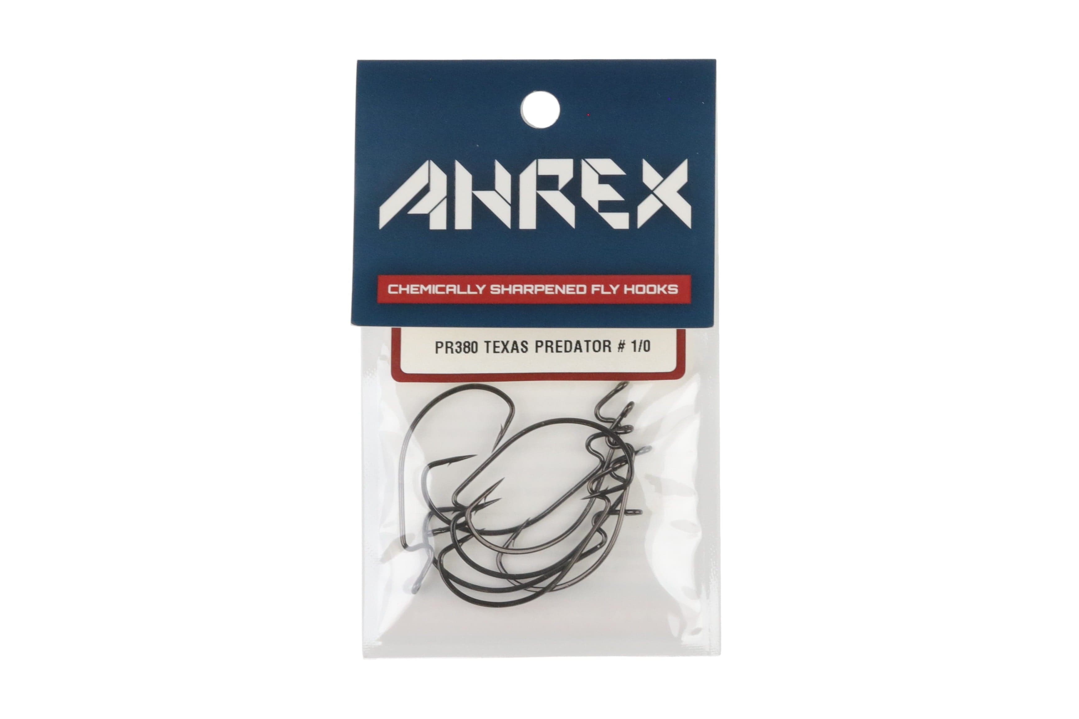Ahrex PR380 Texas Predator black nickel curved chemically sharpened fly hooks in clear pack with blue header