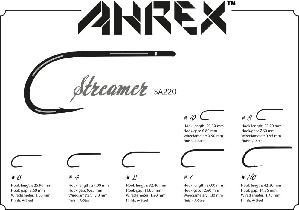 Ahrex SA220 saltwater streamer hooks diagram with black A-steel curved hooks, sizes and measurements for fly tying