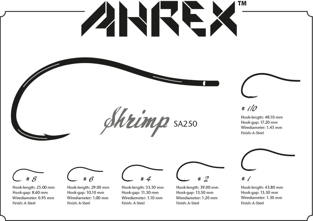 Black steel Ahrex SA250 shrimp hooks on white background, curved wide-gap saltwater hooks with size chart for fly tying