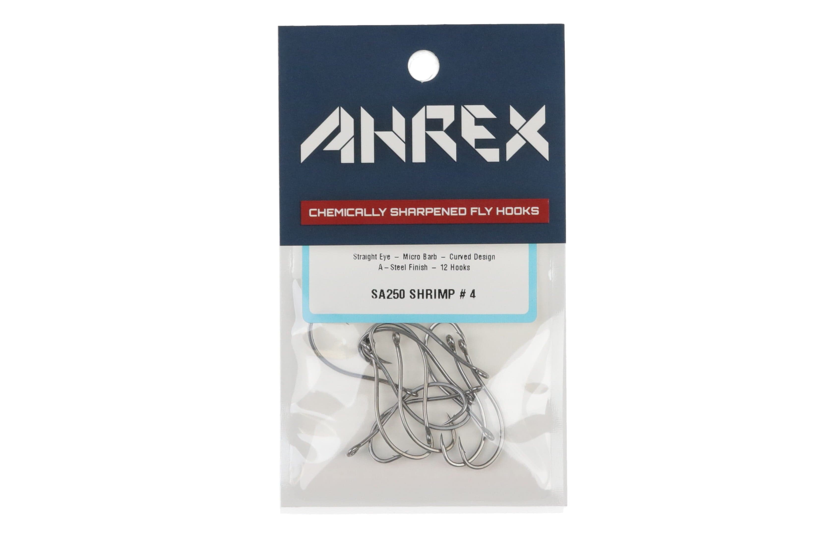 Ahrex SA250 saltwater shrimp fly hooks pack with navy header and shiny stainless steel curved shrimp-style hooks