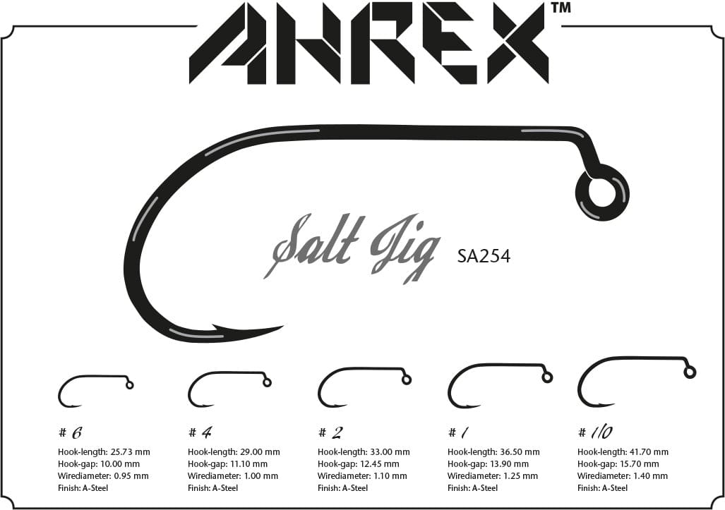 Ahrex Salt Jig SA254 black A-steel saltwater jig hooks diagram with round-eye, barbed curved shank, size chart for fly tying