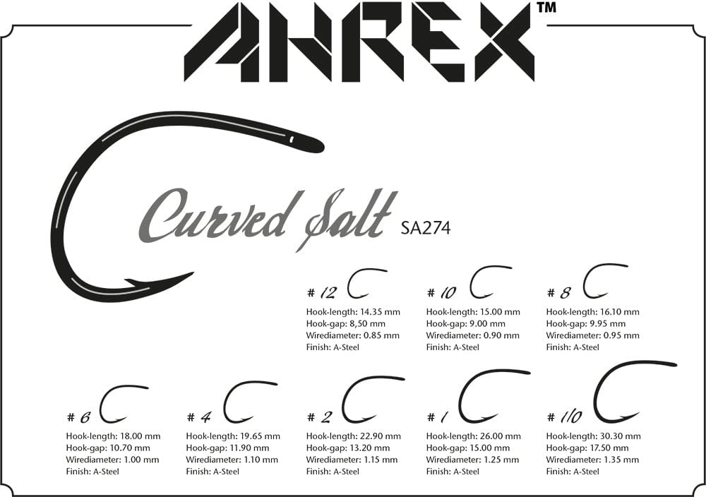 Ahrex SA274 Curved Salt black steel curved hook illustrations with size chart on white background, fly tying hooks