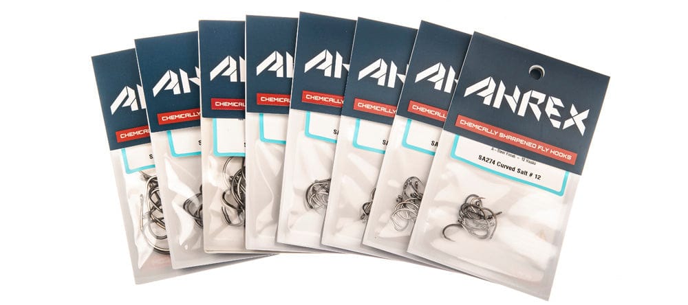 Ahrex SA274 curved salt hooks, silver stainless saltwater hooks for fly tying in clear retail packets with navy headers