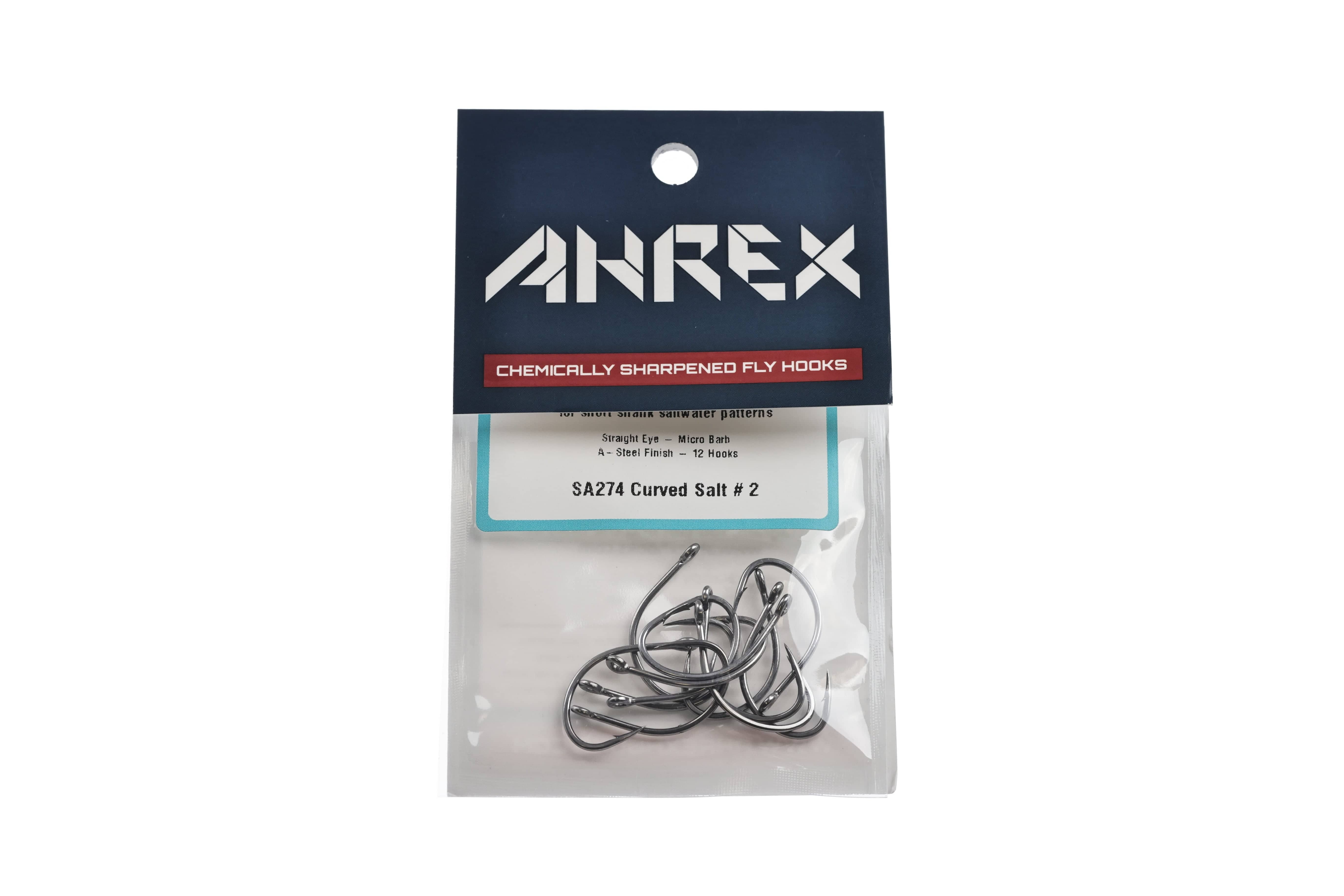 Ahrex SA274 curved salt fly hooks, shiny steel curved saltwater hooks in clear plastic pack with navy header
