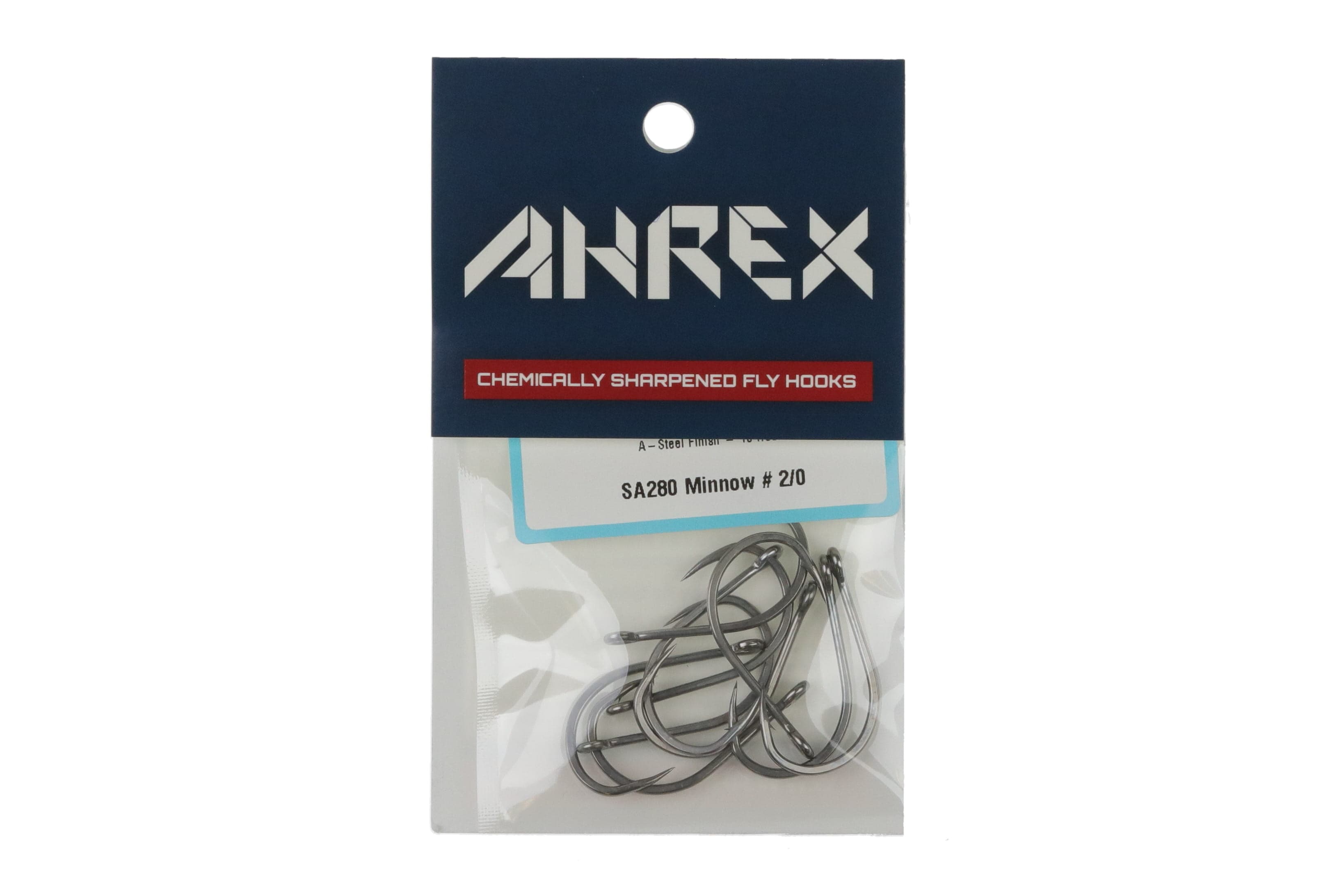 Ahrex SA280 saltwater minnow hooks pack showing stainless steel chemically sharpened hooks in clear pouch with navy header