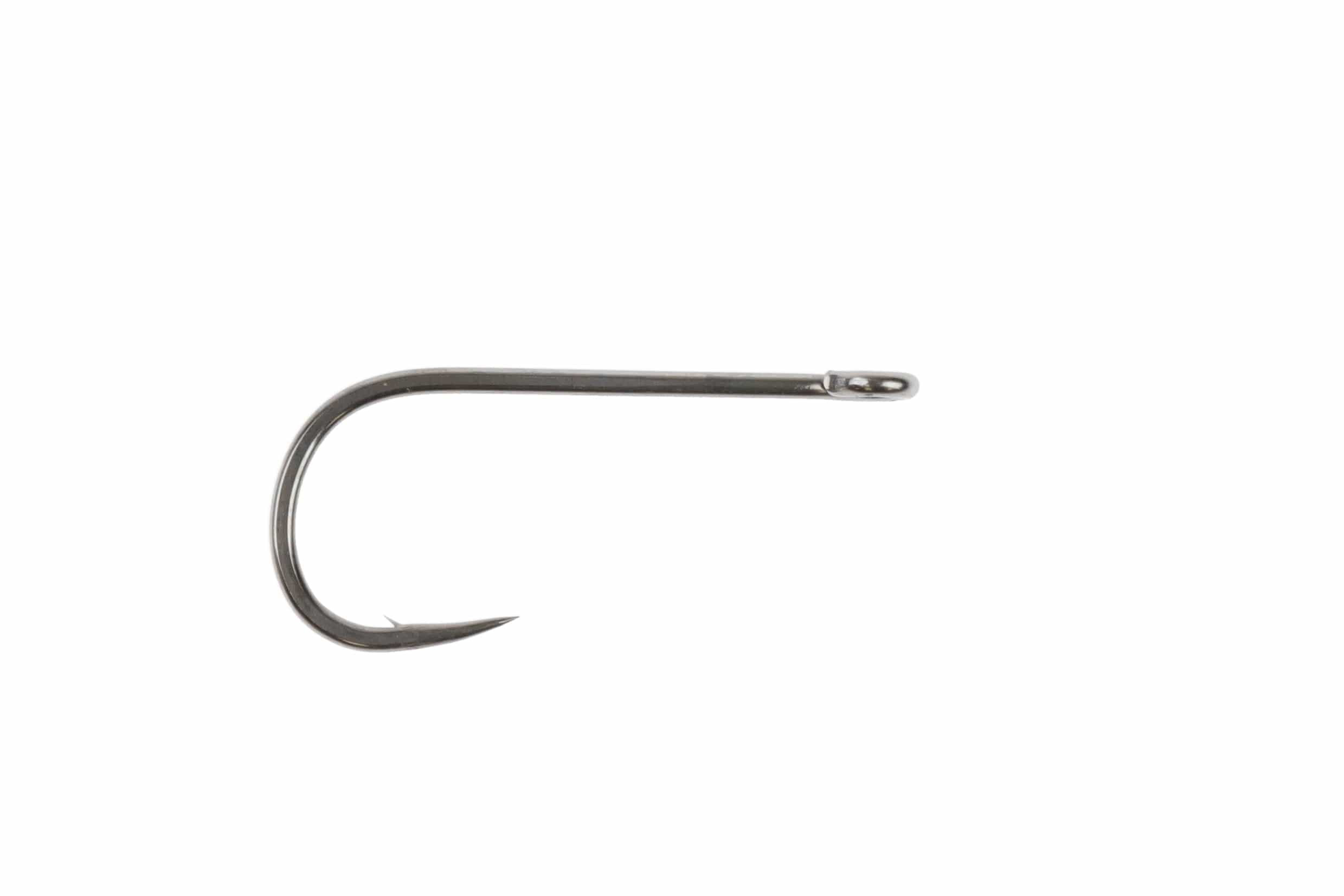 Ahrex long-shank black nickel fly tying hook with straight eye, round bend and sharp barbed point