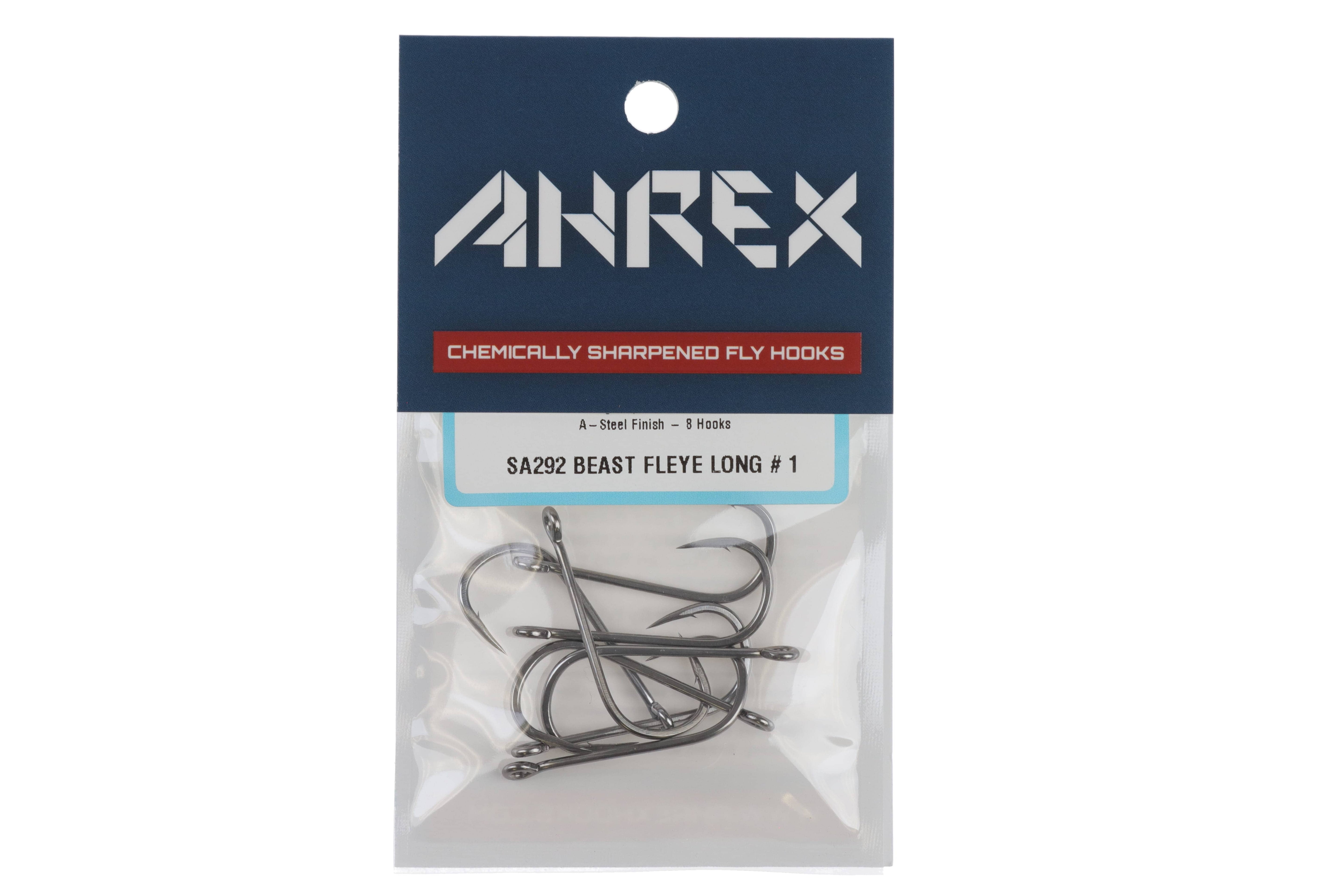 Ahrex SA292 Beast Fleye long fly hooks packed in clear pouch, gunmetal steel long-shank chemically sharpened hooks