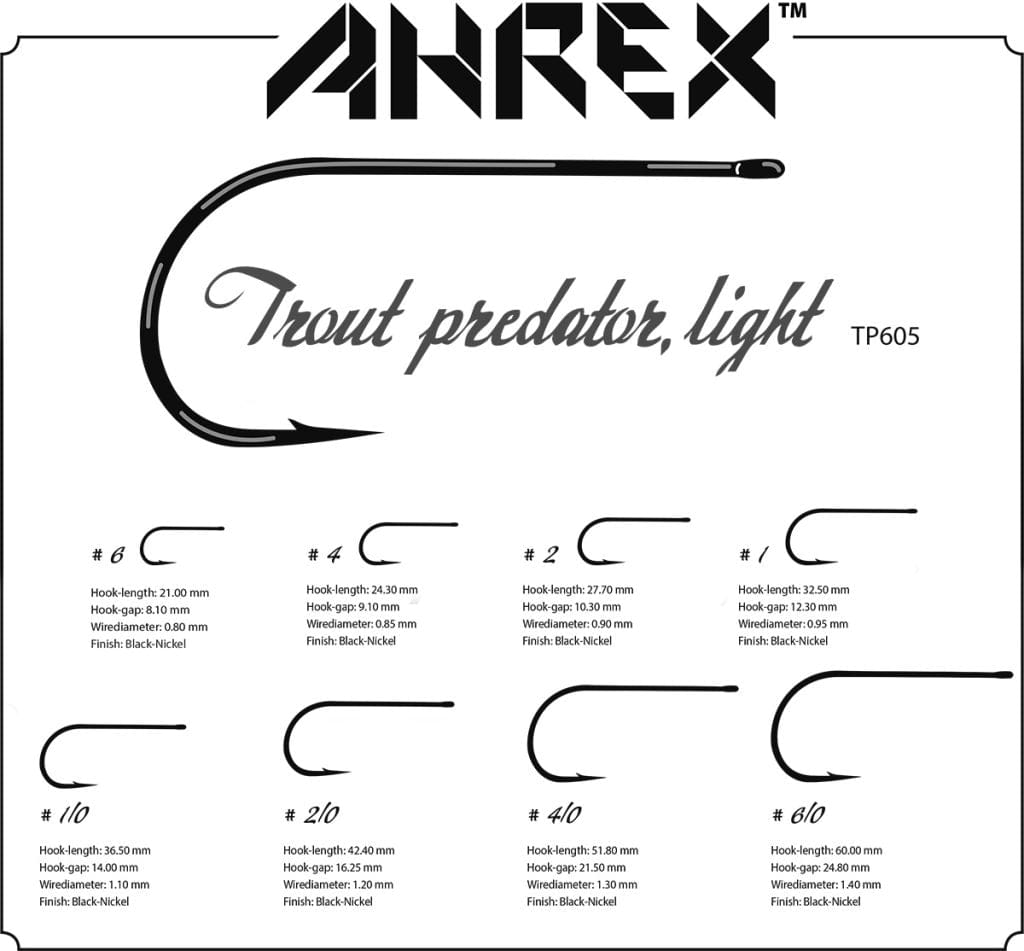 Ahrex TP605 black-nickel light trout predator fly tying hooks chart with curved hook silhouettes and size specs