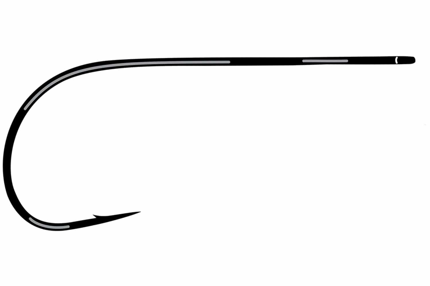 Black Ahrex TP605 light-wire trout hook with long straight shank, sharp upturned point and small barb for fly tying