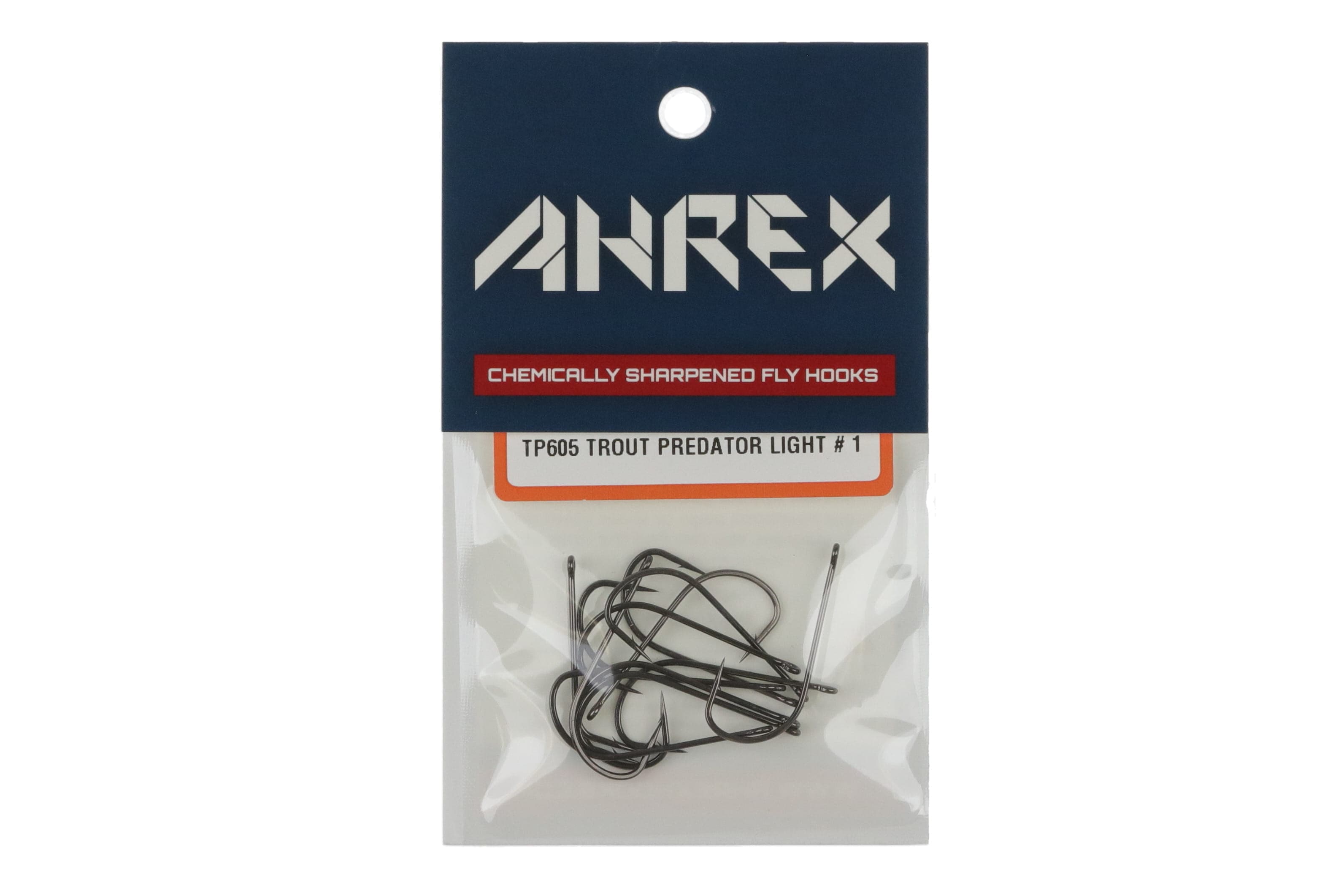 Ahrex TP605 light trout predator fly hooks - gunmetal curved chemically sharpened hooks in clear pouch with navy header