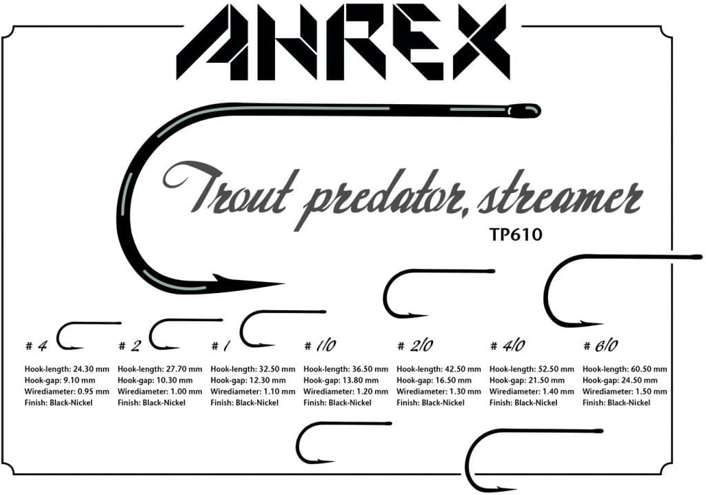 Ahrex TP610 black-nickel trout predator streamer hooks, curved hook silhouettes in multiple sizes on white background