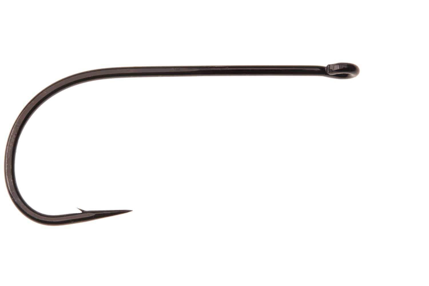 Ahrex TP610 black nickel streamer hook with straight eye, wide curved shank and barbed point for fly tying