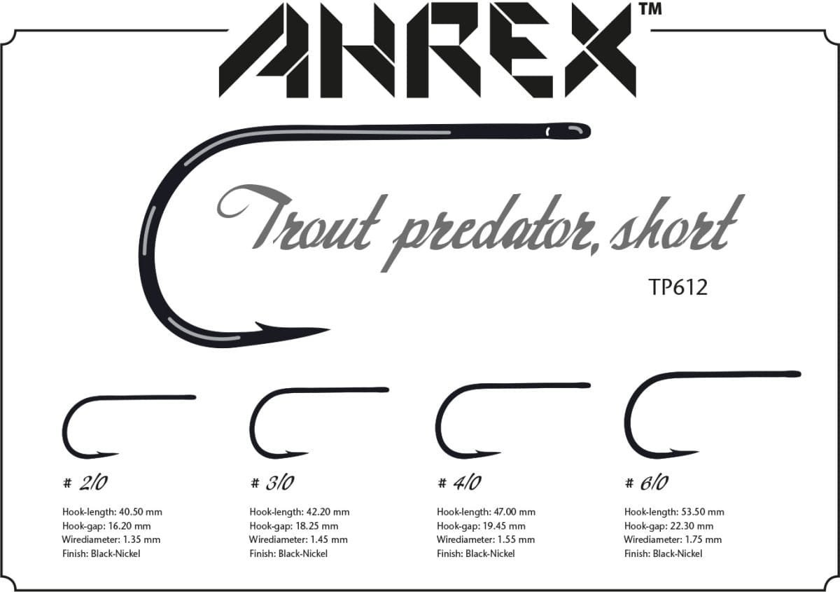 Ahrex TP612 black-nickel short shank streamer hooks set with curved hook points and straight eye, trout hooks for fly tying