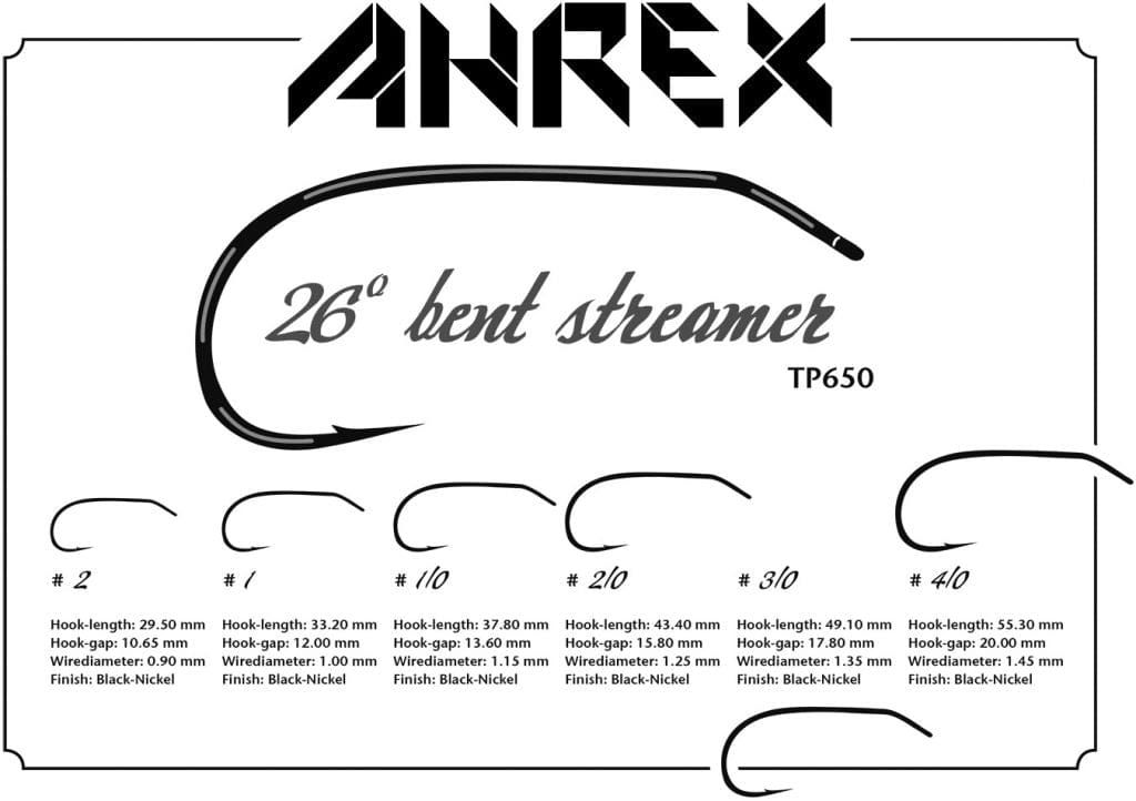 Ahrex black-nickel 26° bent streamer hooks, black silhouettes of various sizes with bent shank streamer style
