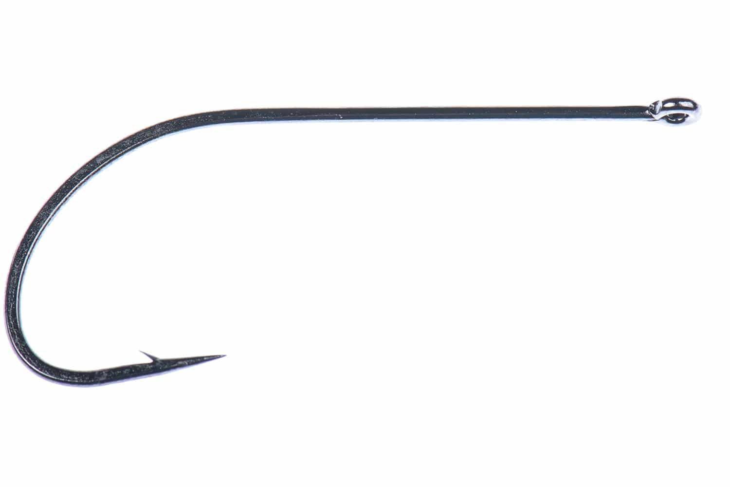 Black nickel Ahrex XO750 universal stinger hook, long straight shank with curved point and small barb for fly tying