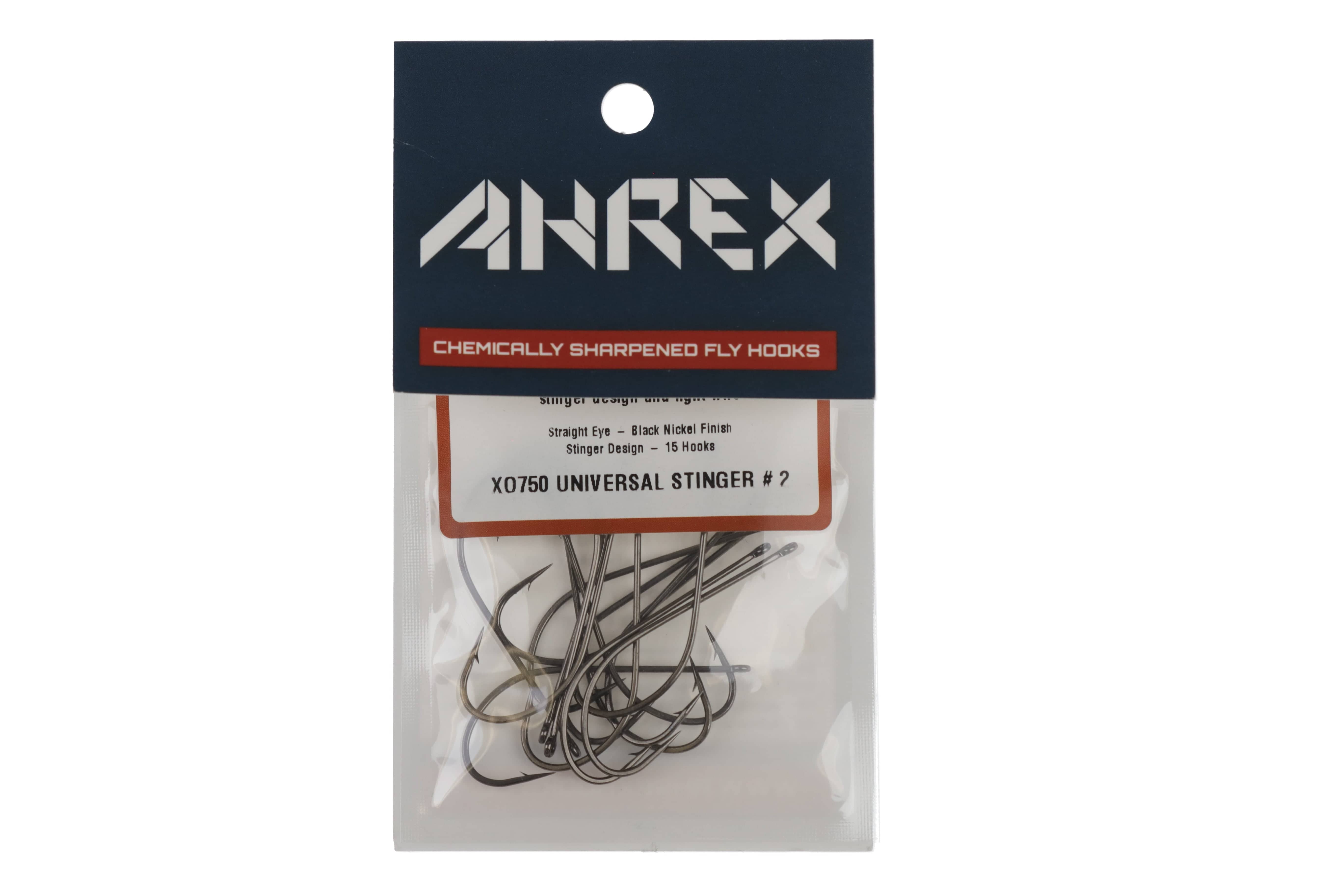 Ahrex XO750 black nickel stinger hooks in clear packet with navy header, long curved barbed hooks visible