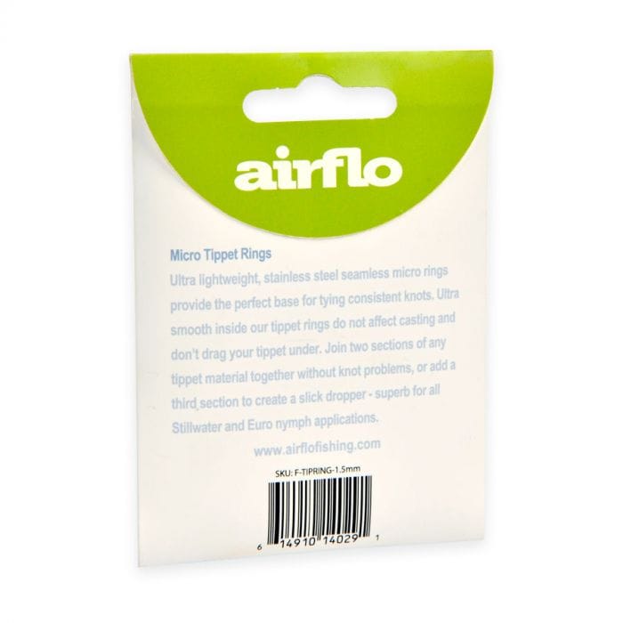 Airflo green-and-white packaging for 2mm micro tippet rings, stainless steel tippet ring description and barcode visible