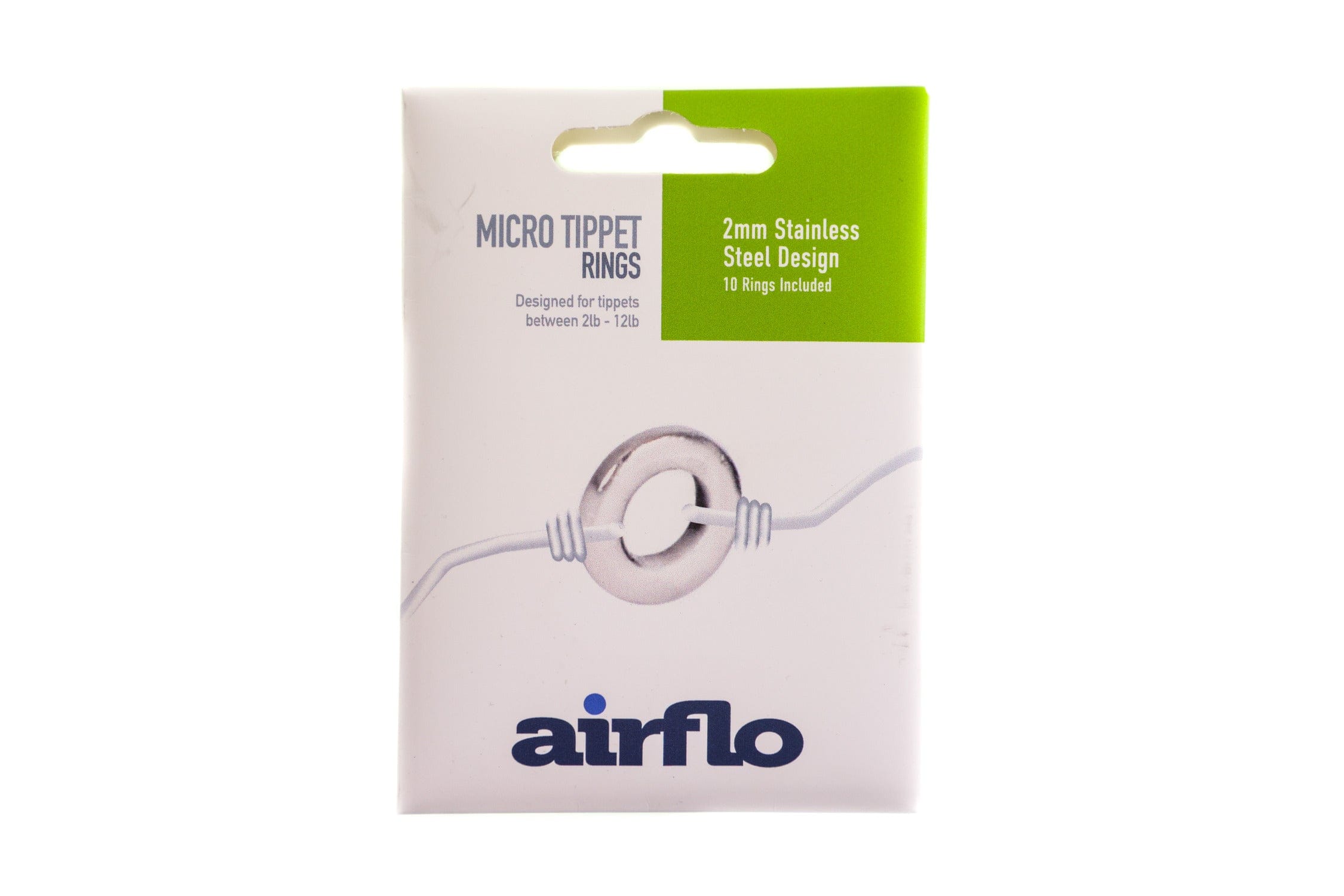 Airflo 2mm stainless steel micro tippet ring on white and green pack, silver donut ring threaded with fishing line