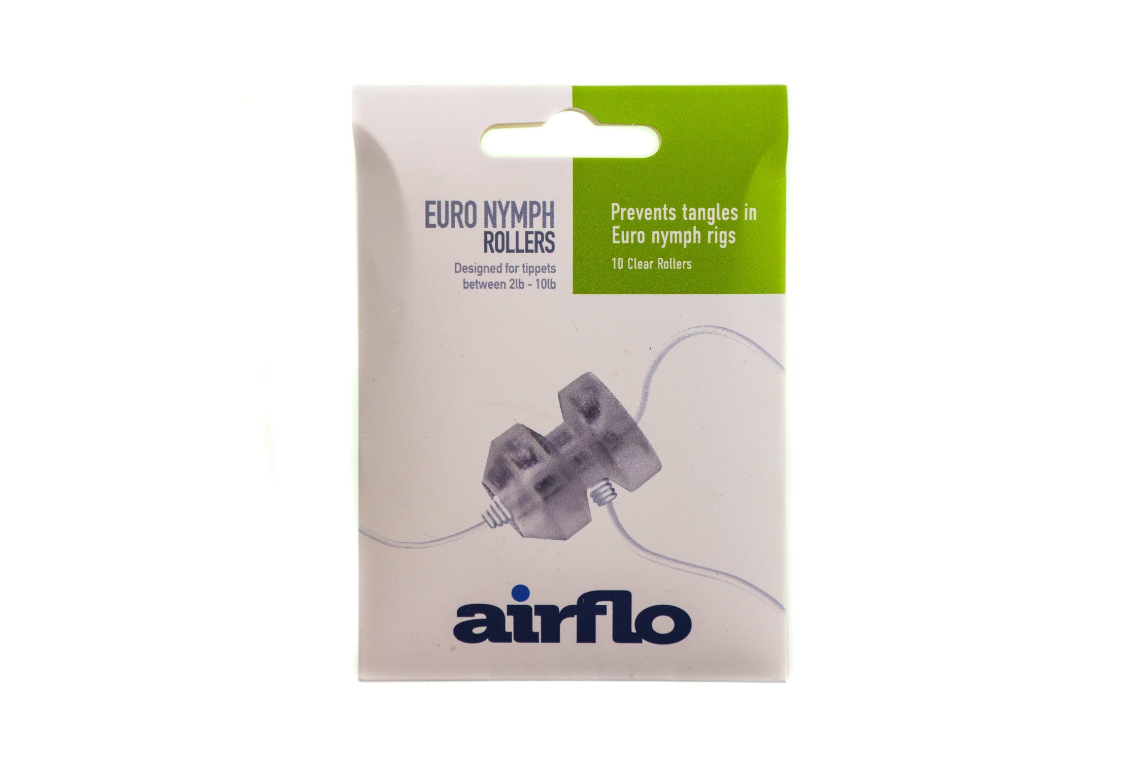 Airflo Euro Nymph Rollers white card pack with green header, showing clear plastic rollers fishing accessory