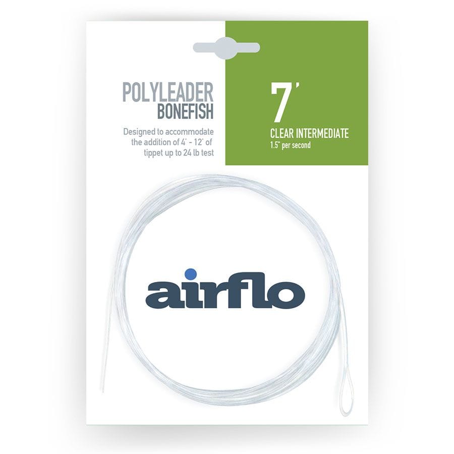 Airflo Bonefish polyleader coiled clear intermediate 7' synthetic leader on white retail card with green label and blue logo