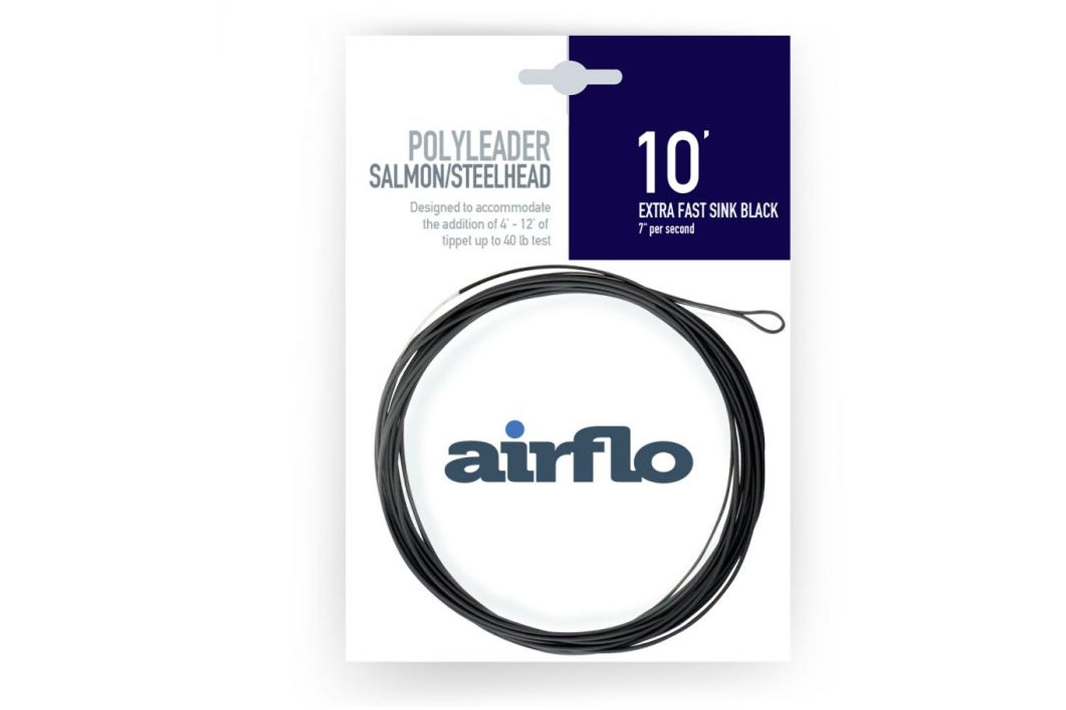 Airflo black polyleader coil on white card, extra-strong 10' fast-sink leader for salmon/steelhead with looped end