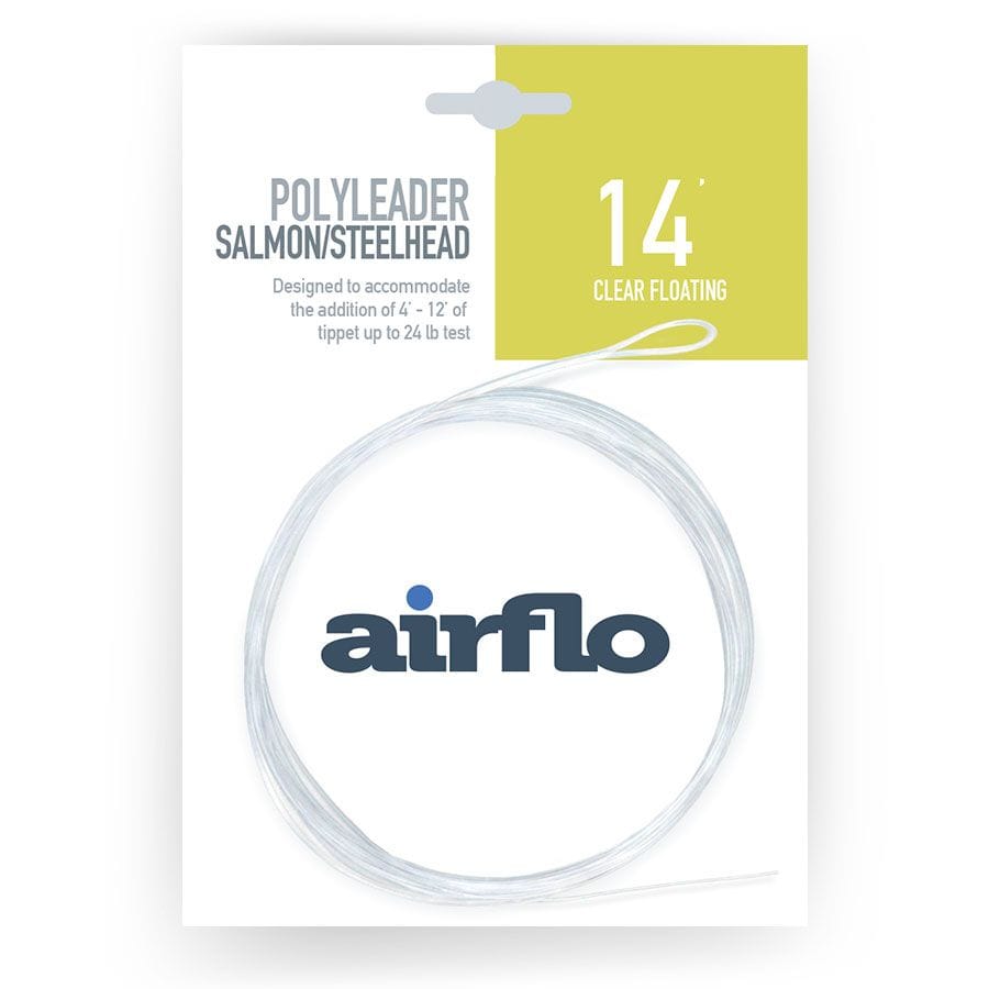 Airflo clear polyleader coiled on white card packaging, 14' clear floating salmon/steelhead leader with olive label
