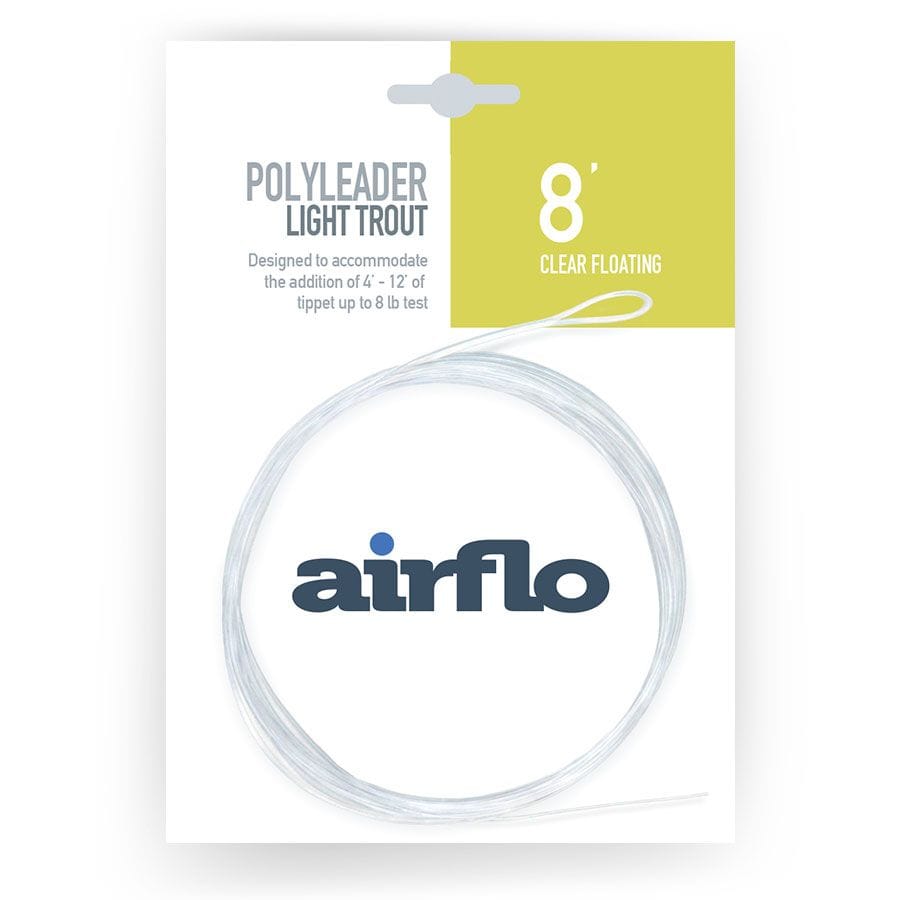 Airflo Light Trout polyleader: clear coiled 8' floating monofilament leader on white card with chartreuse accent