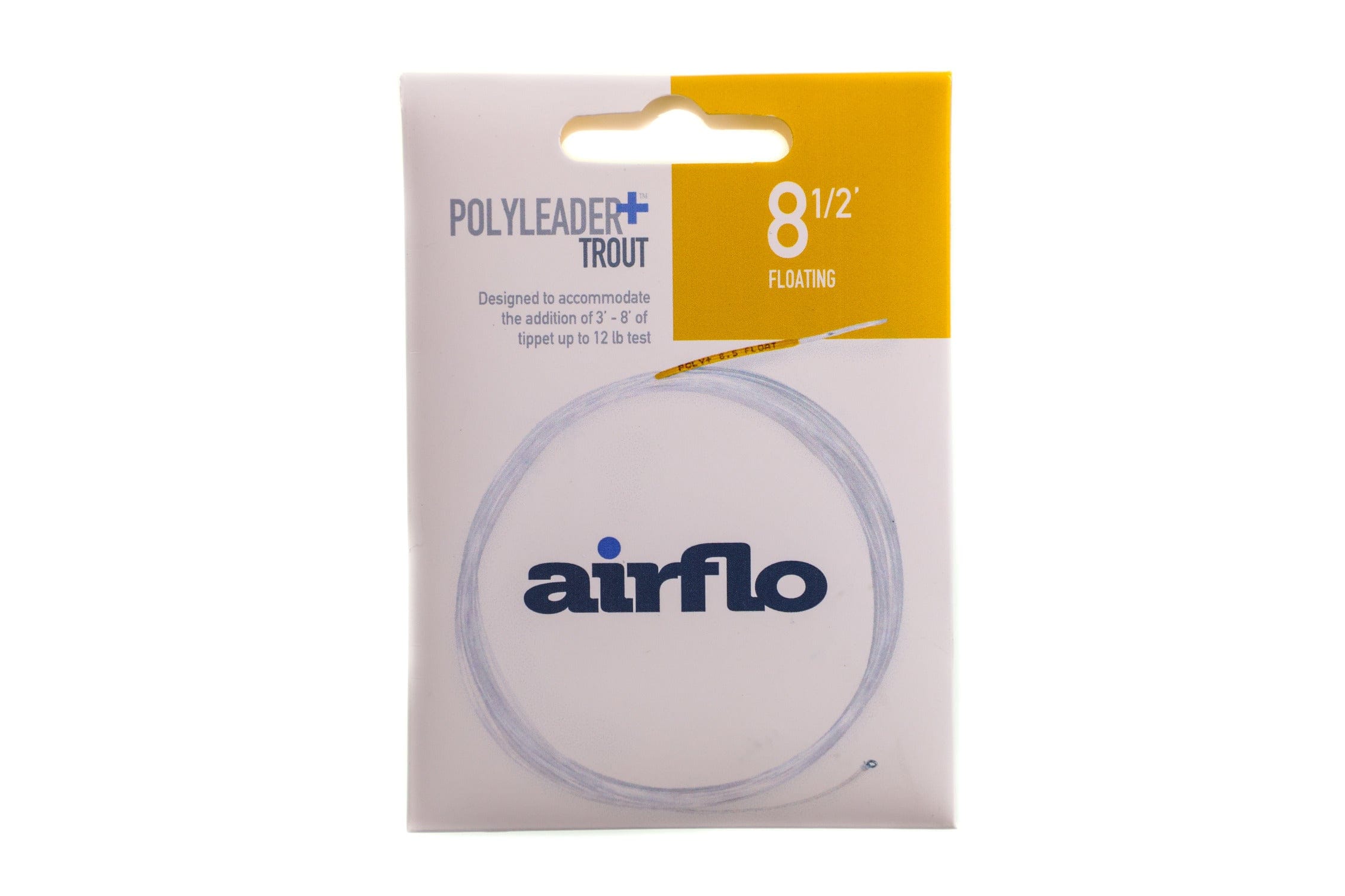 Airflo Polyleader Plus Trout floating leader pack, white and yellow card, clear coiled poly leader line and blue Airflo logo