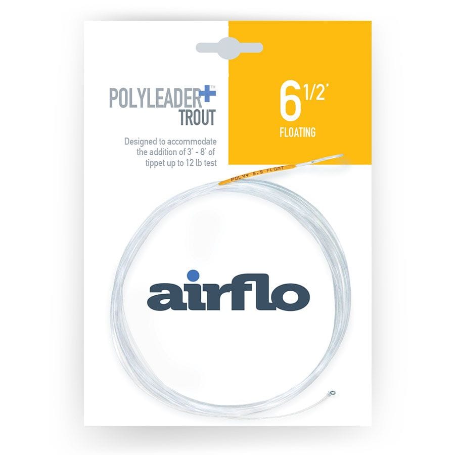 Clear coiled Airflo Polyleader Trout floating leader on white card with yellow 6.5' label and blue Airflo logo