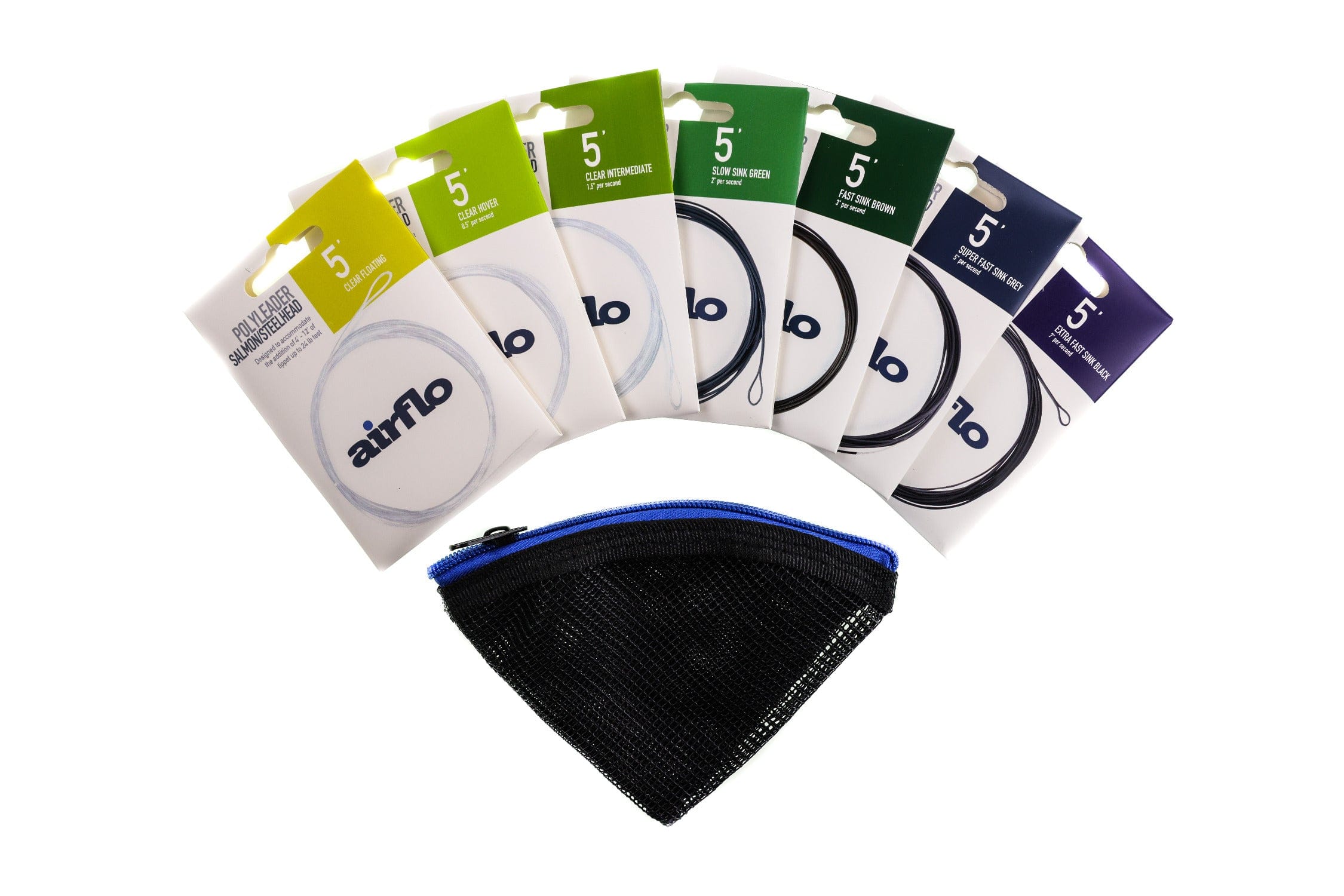 Airflo Salmon/Steelhead polyleader set, assorted 5' leaders in white cards fanned above black mesh pouch with blue zipper