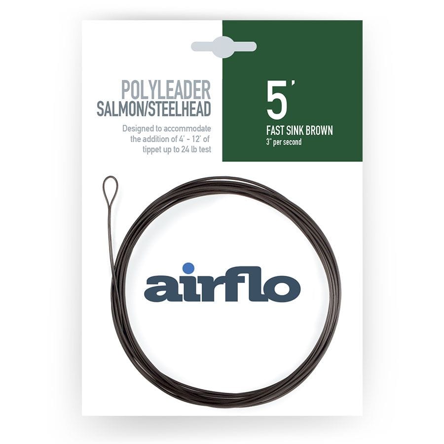 Airflo 5' fast sink brown polyleader coiled with loop on white card packaging displaying Airflo logo, salmon/steelhead leader