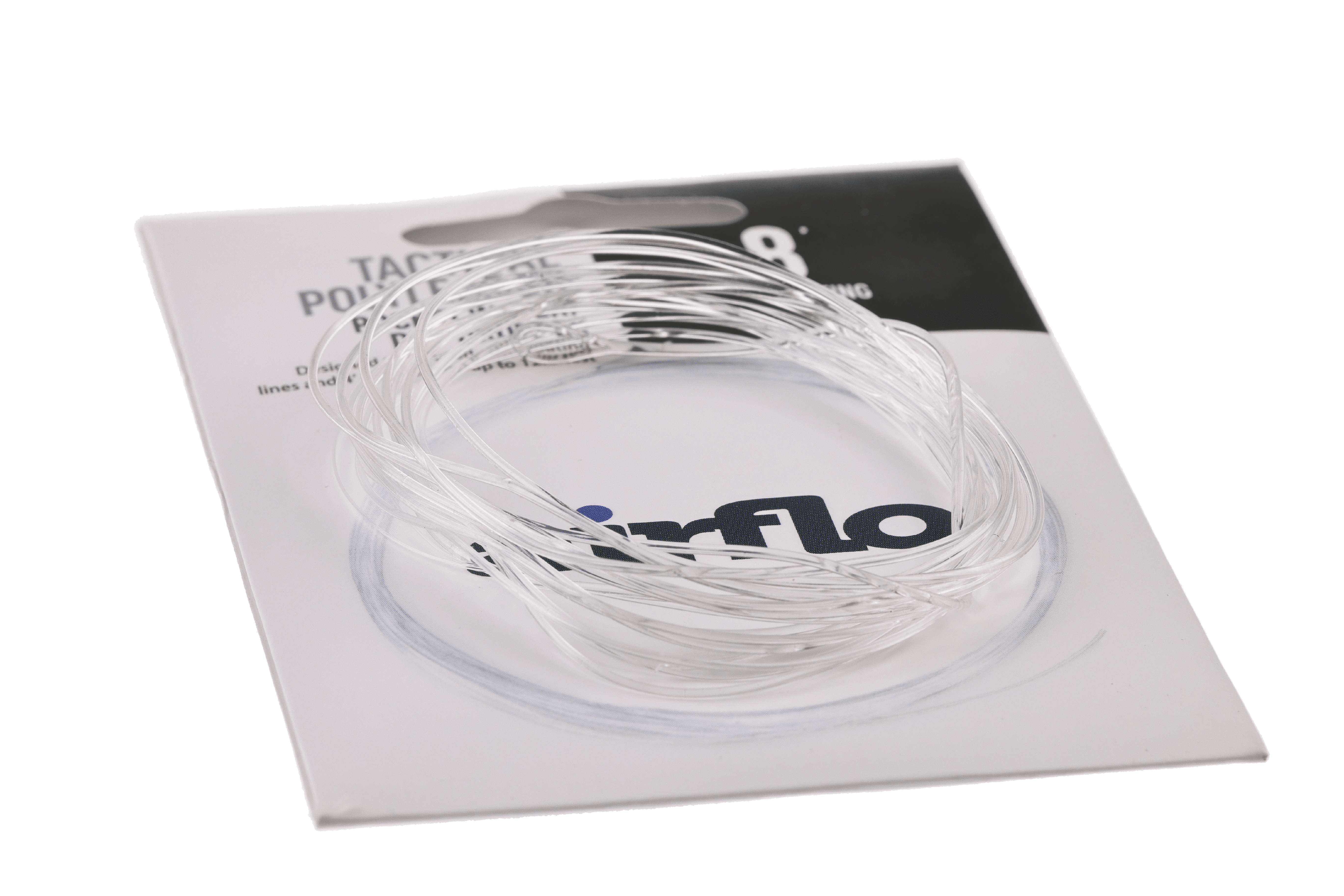 Clear coiled Airflo Tactical Polyleader on white branded card, transparent polymer tapered line