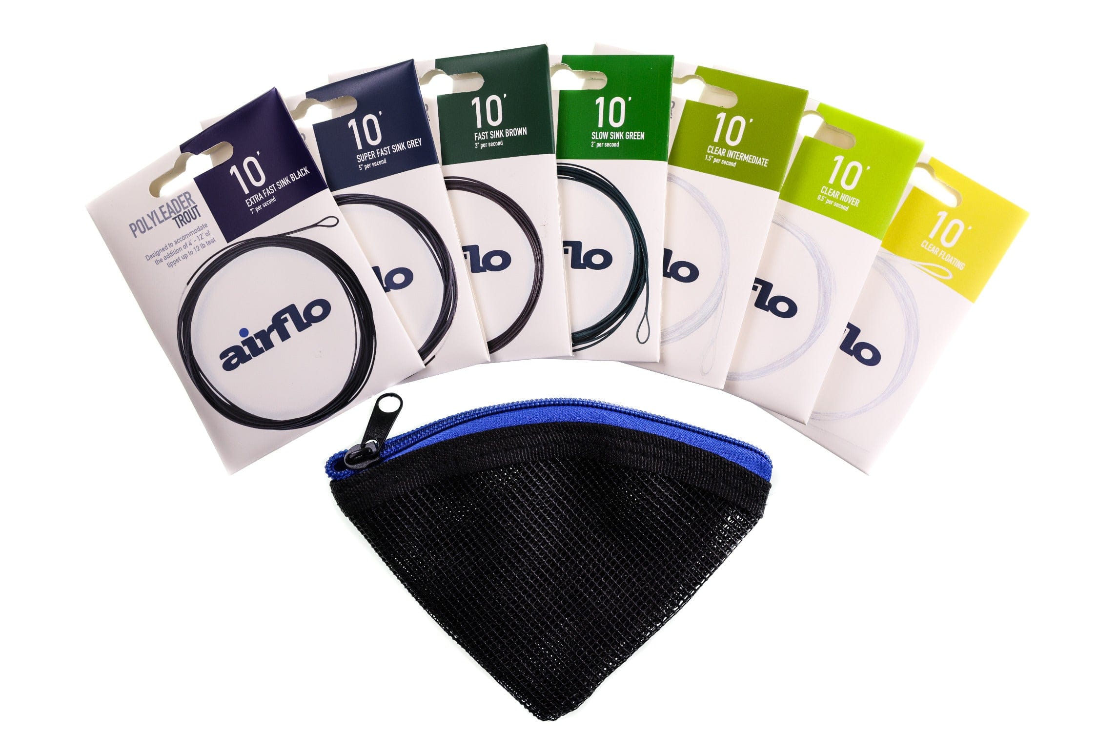 Airflo Trout polyleader set 7×10' polyleaders in black, clear and green coils with black mesh pouch and blue zipper