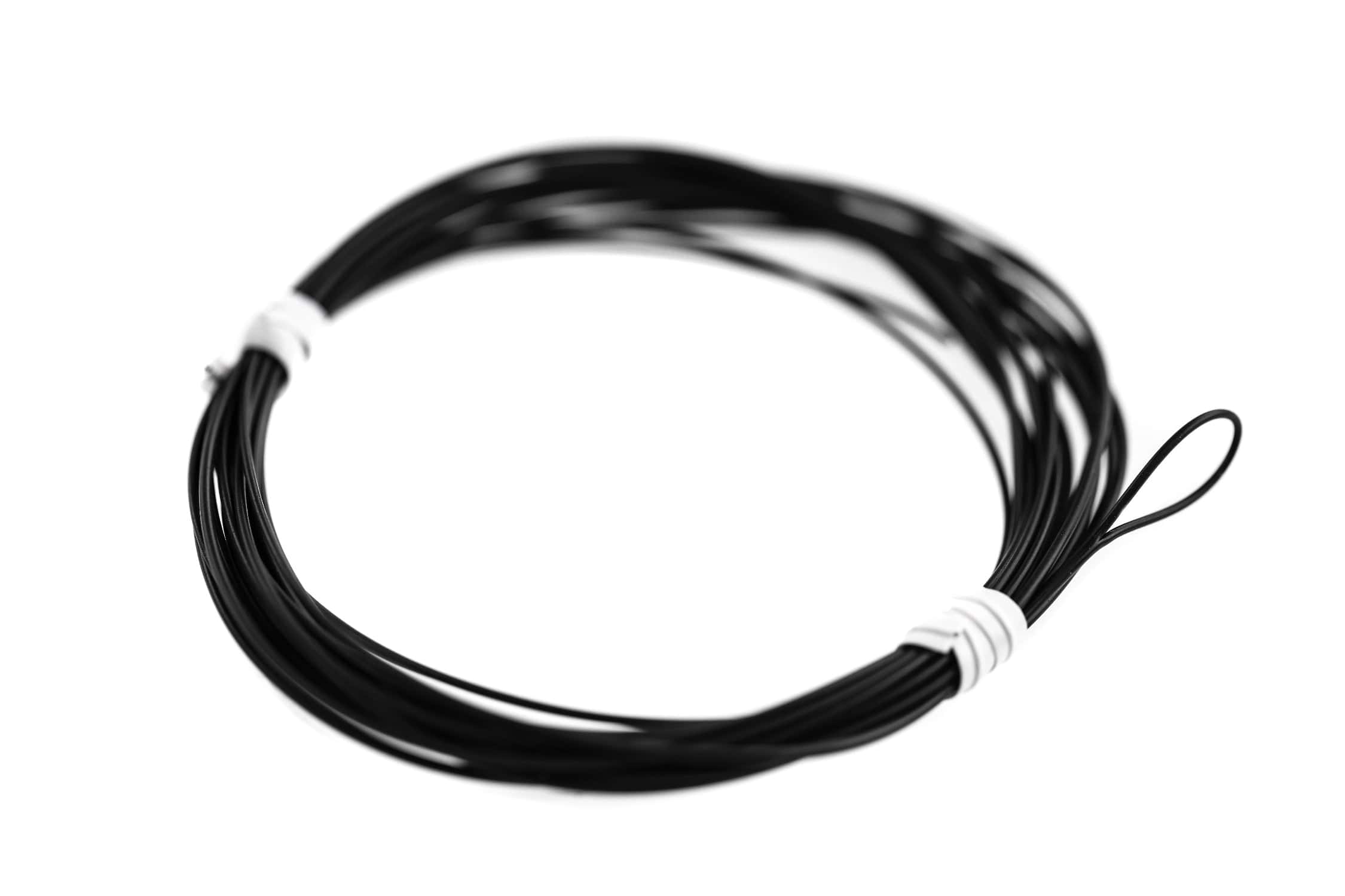 Black coiled Airflo polyleader set, thin polymer trout leader with white binding bands and looped end