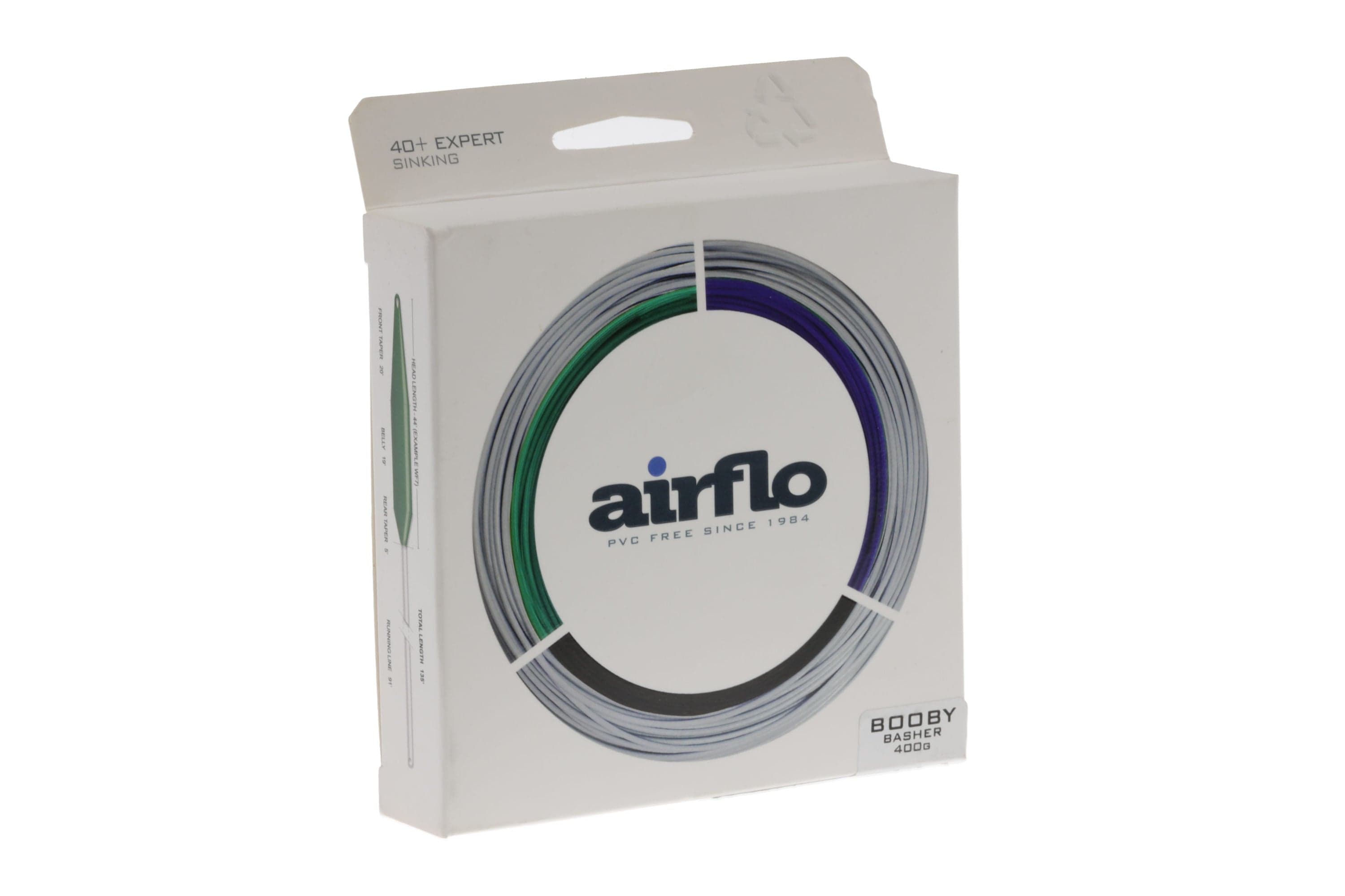 Airflo 40+ Booby Basher fly line box with white packaging showing coiled green, purple and grey fly line