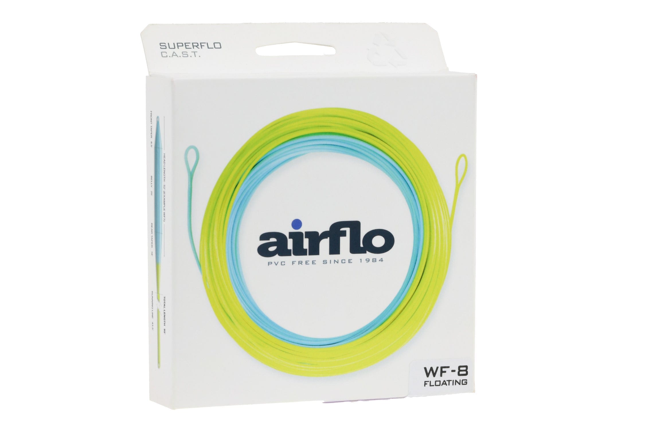 White Airflo package with coiled chartreuse and aqua PVC-free fly line, dual-sided loops visible, WF-8 floating label