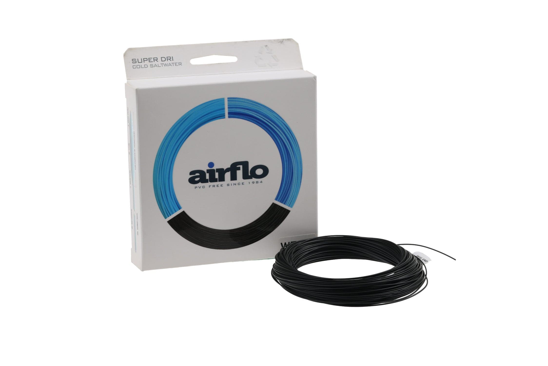White Airflo box with blue ring logo next to coiled black Cold Saltwater Sink 7 fly line spool
