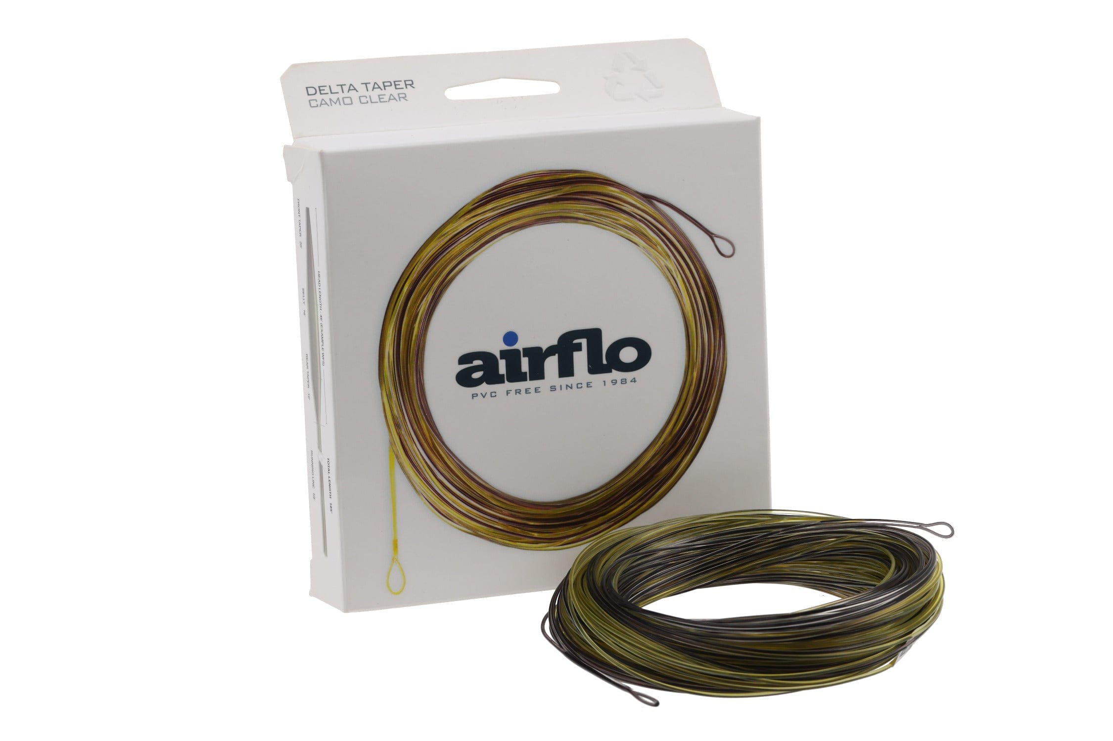 Airflo Delta Taper camo clear intermediate fly line coil in olive, brown and yellow with white PVC-free packaging