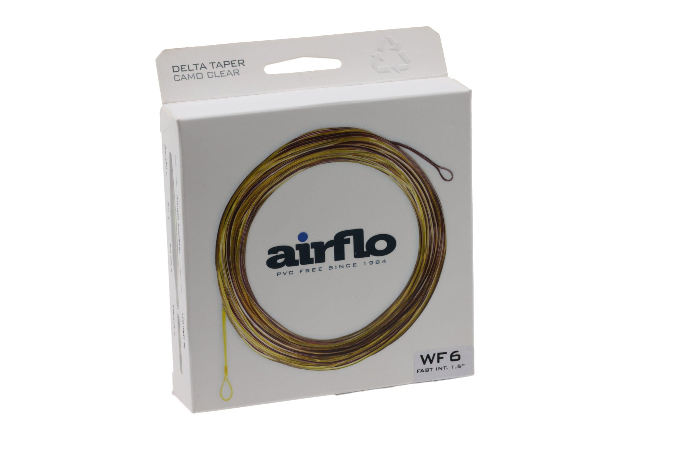 Airflo Delta Taper camo clear intermediate fly line coiled on white box, yellow-brown translucent line with WF6 label
