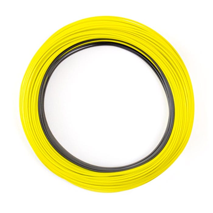 Bright yellow Airflo Depthfinder fast-sinking fly line coil with dark inner core, smooth vinyl fly line for big game
