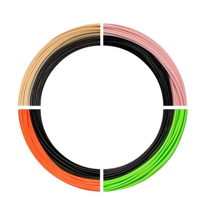 Airflo Depthfinder fast sinking fly line coiled as segmented ring with black core and beige, pink, orange, neon green