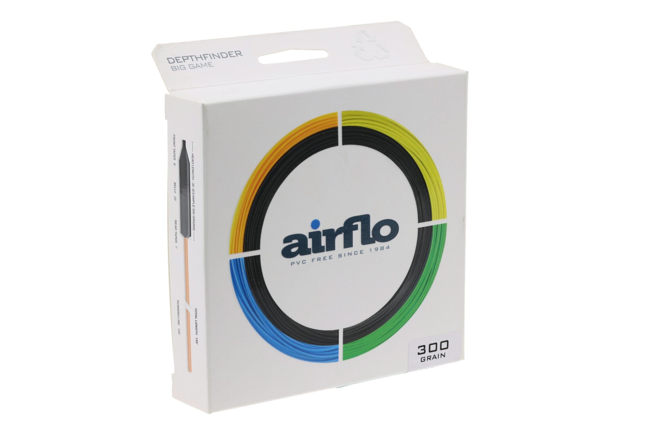 Airflo Depthfinder fast-sinking fly line white box with multicolor ring (yellow, green, blue) and 300 grain label