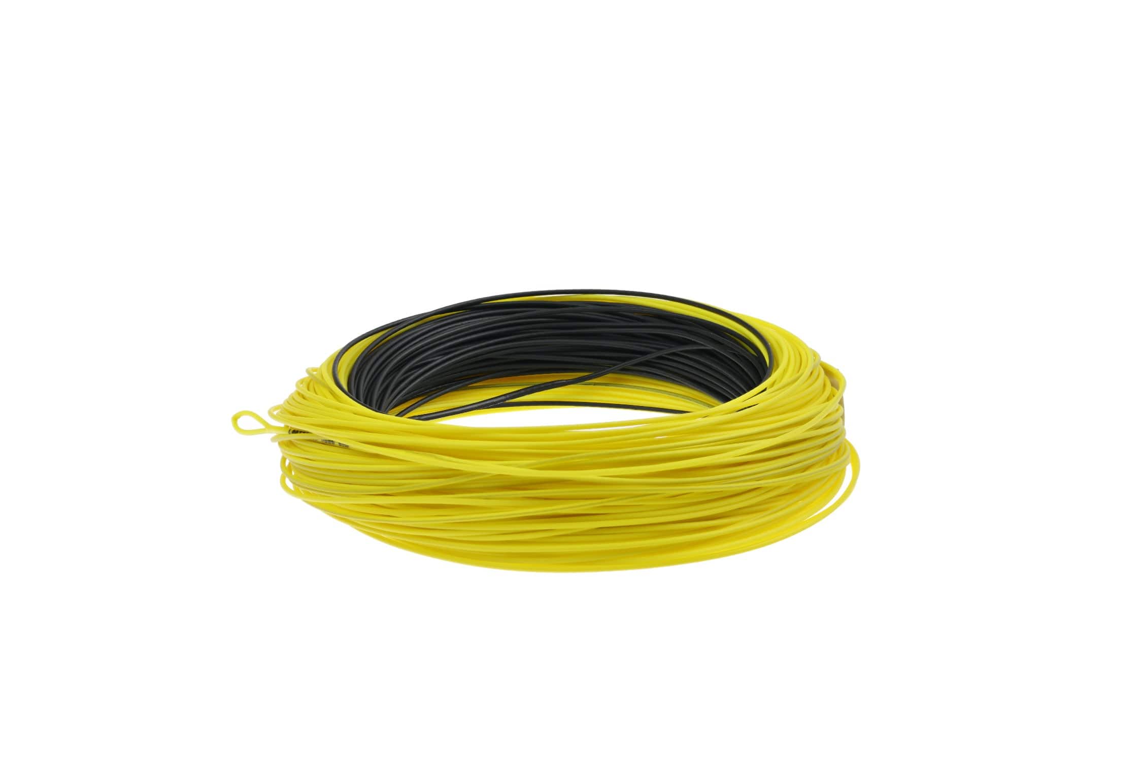 Airflo Depthfinder fast-sinking fly line coiled bright yellow outer with black core, designed for deep fishing