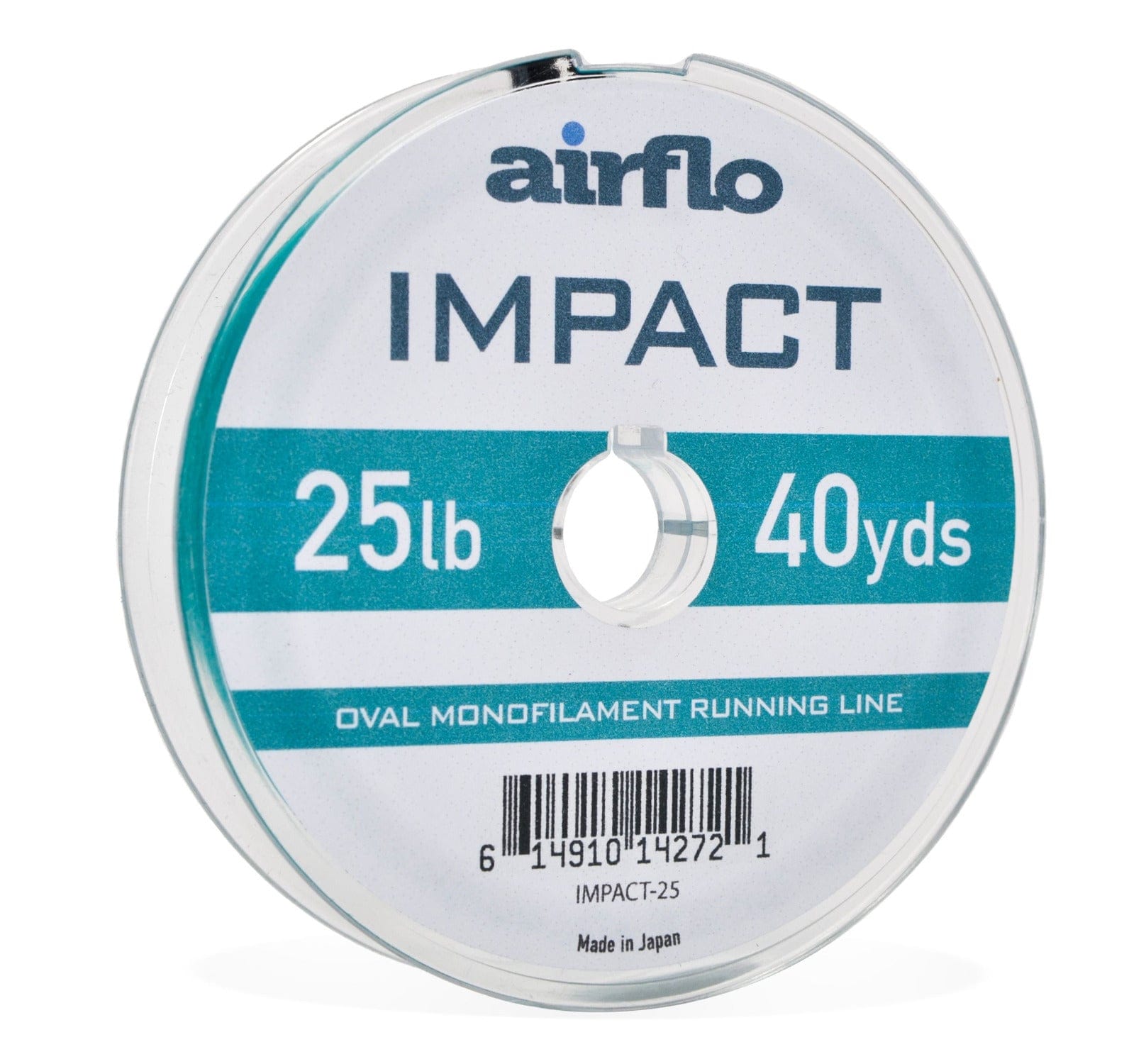 Airflo Impact oval monofilament running line spool with white and teal label, clear plastic, marked 25 lb 40 yds